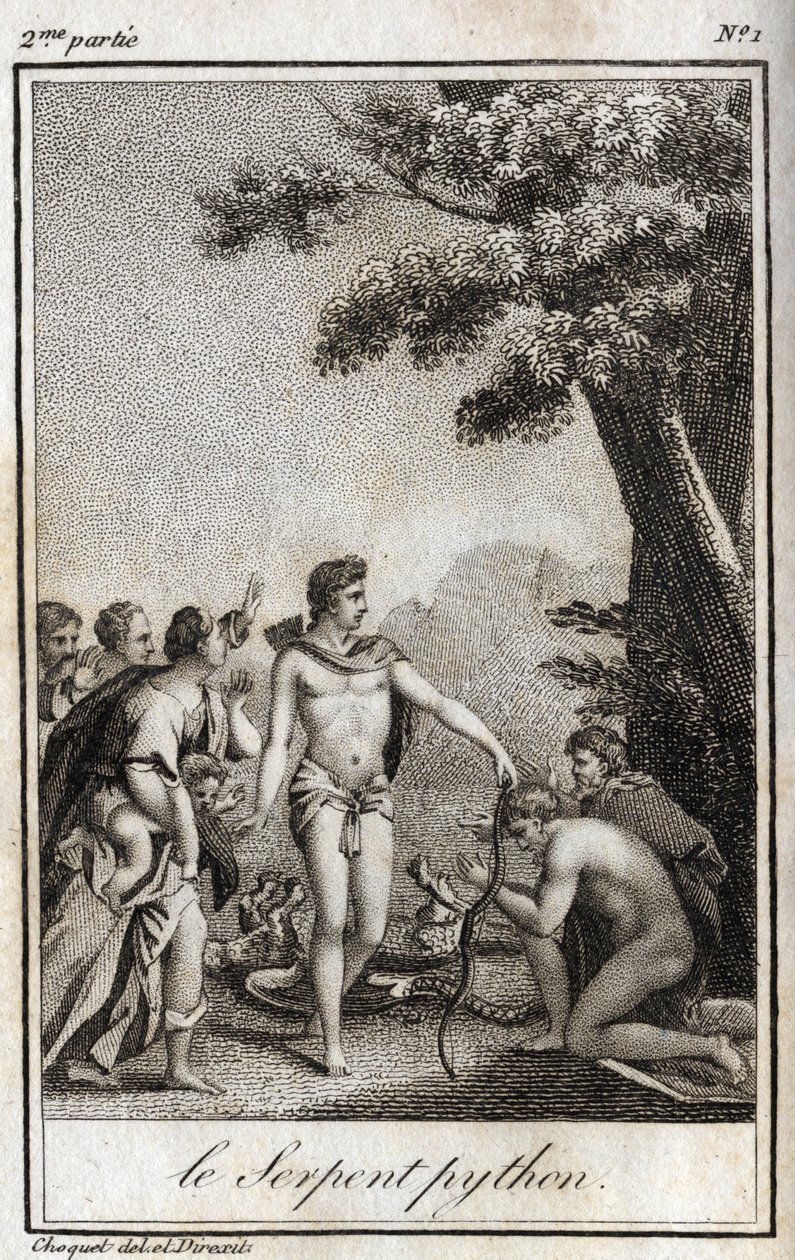 Apollo und die Python-Schlange auf dem Berg Parnassus. Gravur von 1819 in „Lettres à Emilie sur la mythologie“ von Charles Albert Demoustier (1760-1801). Private Sammlung. von Anonymous Anonymous