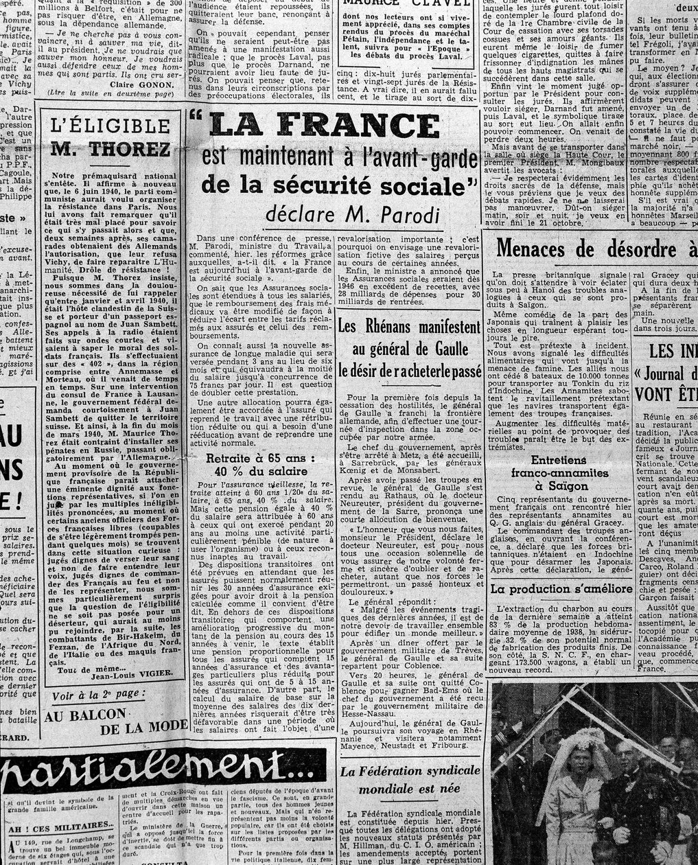 Artikel über soziale Sicherheit: "Frankreich ist jetzt führend in der sozialen Sicherheit, sagt Herr Parodi" 1945 von Anonymous Anonymous