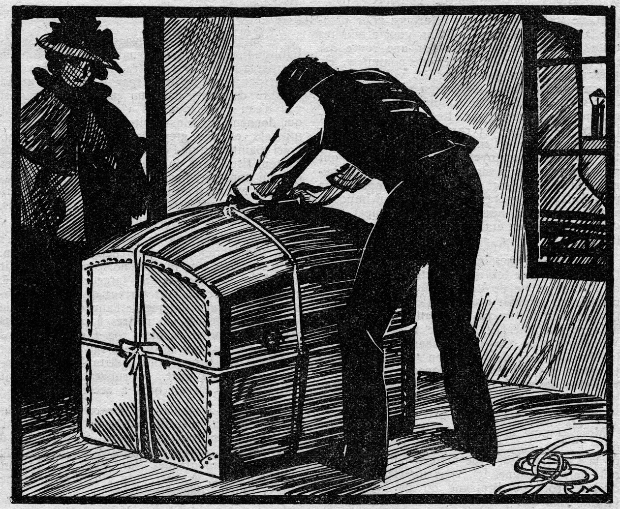 Fall Eyraud-Bompard oder der Fall des blutigen Koffers: Entdeckung des Koffers, der verwendet wurde, um die Leiche des Gerichtsvollziehers Gouffé zu verstecken, der 1888 in Paris von dem Paar Michel Eyraud und Gabrielle Bompard ermordet wurde. Illustration von Anonymous Anonymous