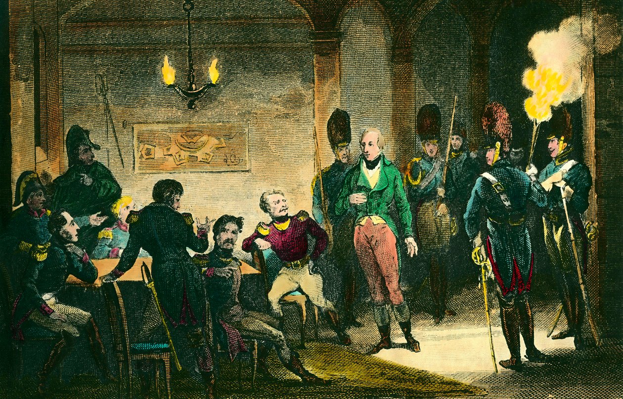 Fall von Louis de Bourbon, Herzog von Enghien (1772-1804): Szene des Prozesses des Prinzen, der verdächtigt wird, gegen den ersten Konsul Napoleon Bonaparte konspiriert zu haben, er wurde ohne Beweise verurteilt und hingerichtet. Gravur von 1804. Privatsam von Anonymous Anonymous