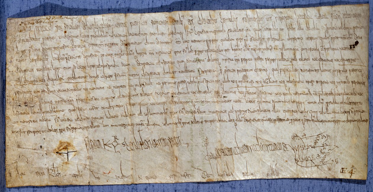 Urkunde von König Karl dem Großen (742-814), die die Abtei Saint Denis von Mautgebühren während der Messe befreit. Ende des 8. Jahrhunderts. Paris, Nationalarchiv von Anonymous Anonymous