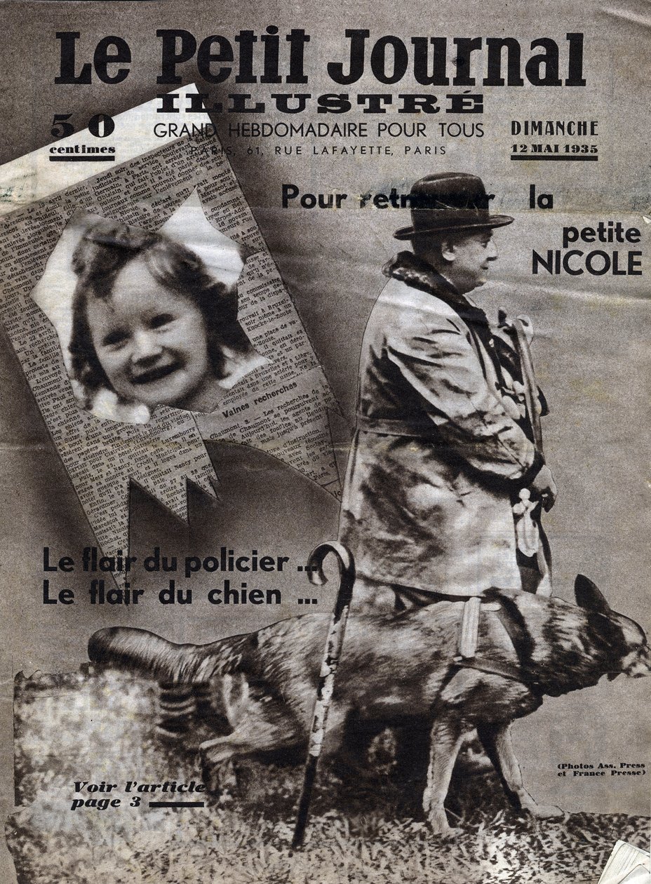 Chaumont-Affären: Polizeihunde trainieren, die Spur vermisster Kinder (hier das Mädchen Nicole) und Banditen zu finden. Titelblatt aus „Le petit journal illustrious“ vom 12.05.1935. Private Sammlung von Anonymous Anonymous
