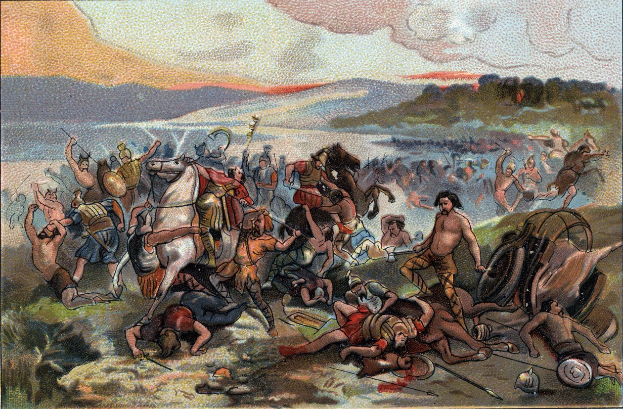 Eroberung Galliens: die Schlacht von Presles im Jahr 60 v. Chr., in der das Volk der Nervier unter der Führung von Boduognat gegen die römische Armee von Julius Caesar kämpfte. Werbe-Chromolithographie von Antoine Schokoladen in Brüssel, Anfang des 20. Jah von Anonymous Anonymous