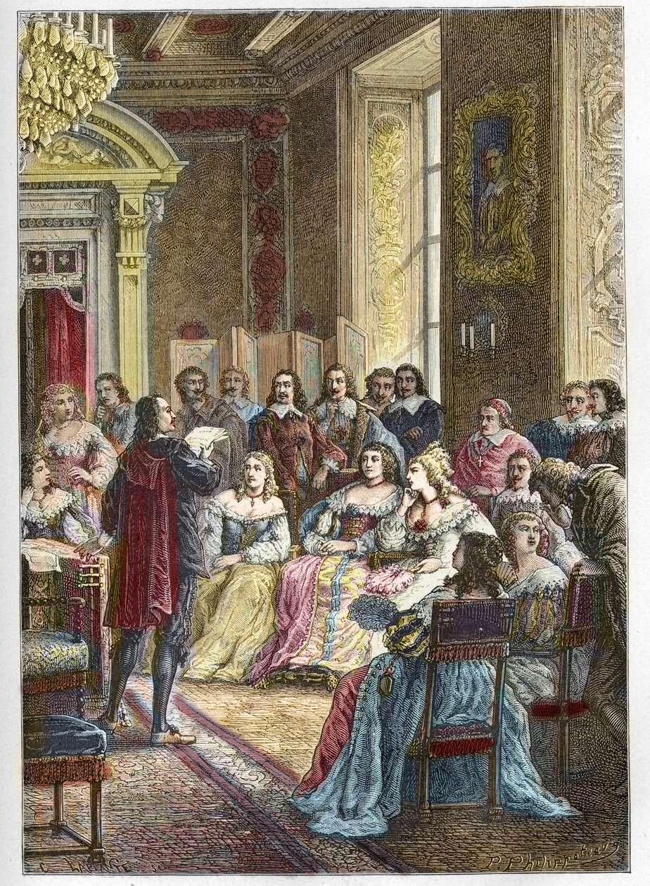 Corneille liest seine Tragödie Polyeucte im Hotel de Rambouillet vor Catherine de Vivonne, Marquise de Rambouillet, und in Anwesenheit der Reiter und Männer der Kirche (Bossuet war auch einer der Stammgäste der Blauen Kammer) - Pierre Corneille von Anonymous Anonymous