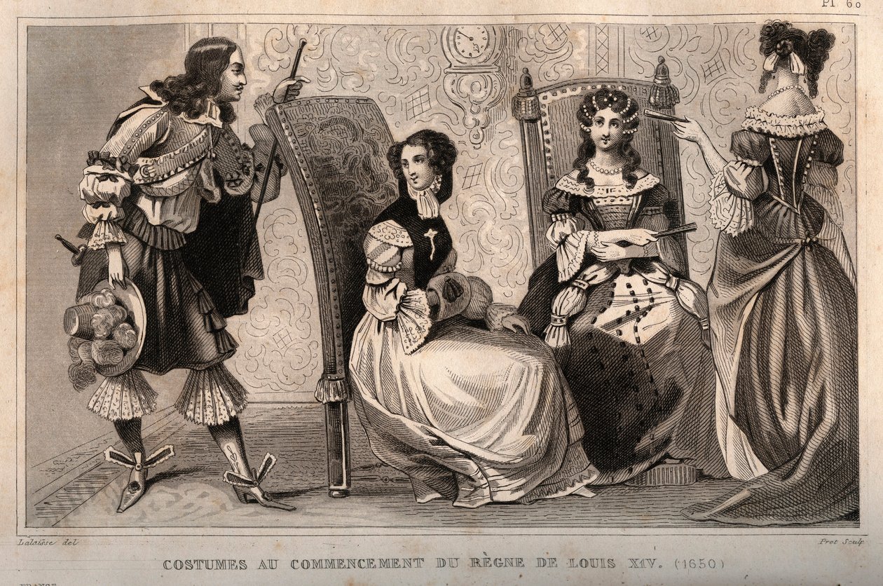 Kostüme zu Beginn der Herrschaft von Ludwig XIV (1650). Gravur von 1859 in „Le Monde. Geschichte aller Völker von den frühesten Zeiten bis zur Gegenwart“ von M. E. de Lostalot-Bachoue. Private Sammlung. von Anonymous Anonymous