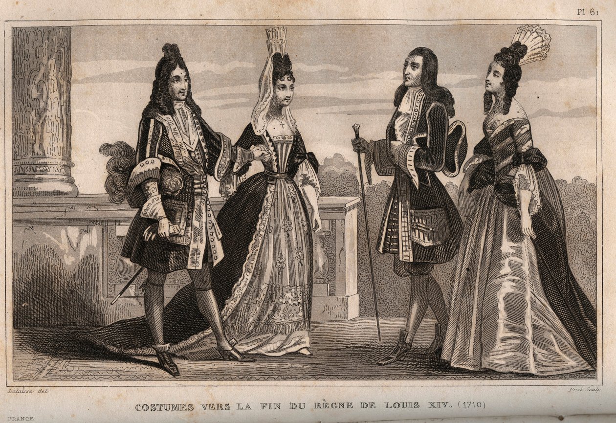 Kostüme gegen Ende der Herrschaft von König Ludwig XIV. (1710). Gravur von 1859 in „Le Monde. Geschichte aller Völker von den frühesten Zeiten bis zur Gegenwart“. von M. E. de Lostalot-Bachoue. Private Sammlung. von Anonymous Anonymous