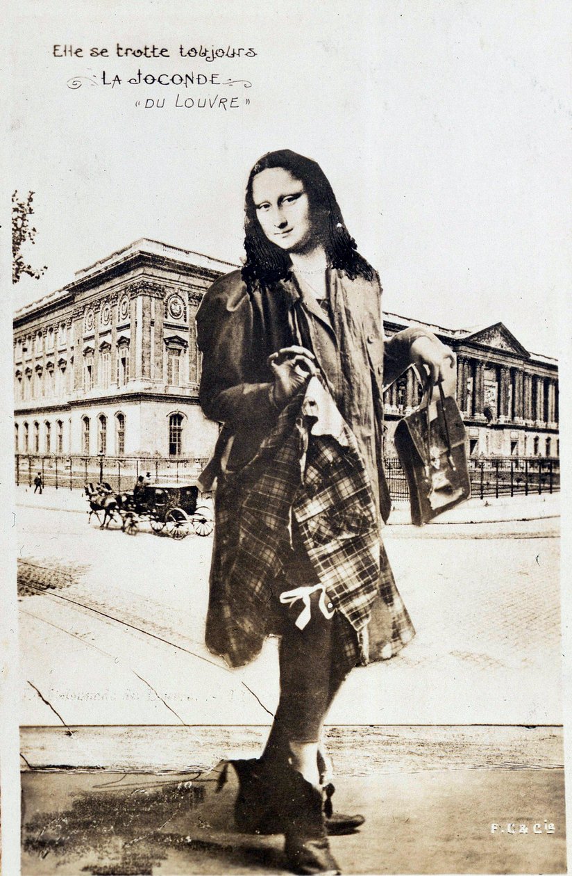 Verfremdete Darstellung der „Mona Lisa“ von Leonardo da Vinci (1452-1519): Mona Lisa in einem karierten Rock auf Weltreise. Komödie-Postkarte, herausgegeben zur Zeit des Diebstahls des Werkes durch Vincenzo Peruggia von Anonymous Anonymous
