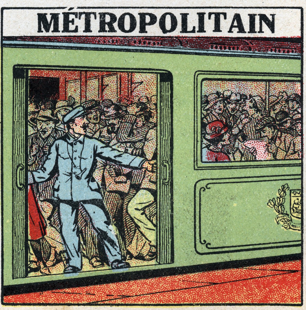 Elektrische Straßenbahnen: Passagiere drängen sich in der Métropolitain in Paris. Anonyme Illustration von 1925. Private Sammlung. von Anonymous Anonymous
