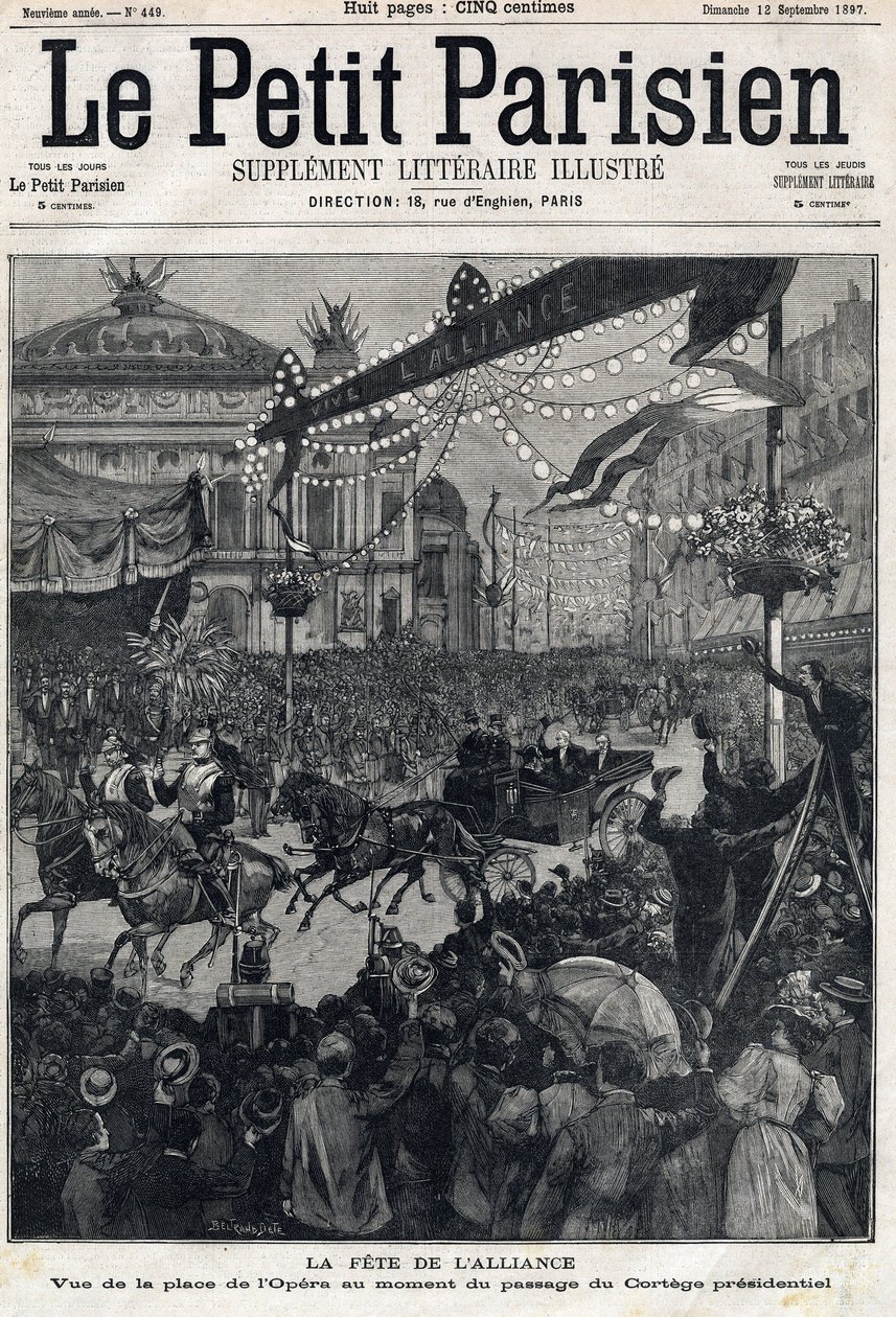 Fest der französisch-russischen Allianz: Blick auf den Opernplatz während der Passage des Präsidentenkonvois von Felix Faure (1841-1899). In „Le Petit Parisien“ am 12.09.1897 von Anonymous Anonymous