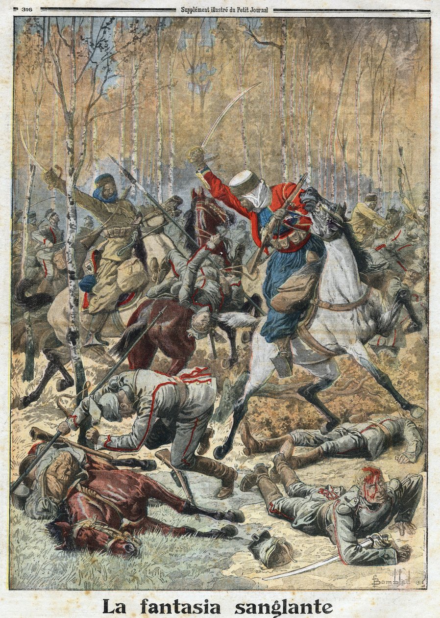 Erster Weltkrieg 1914-1918: „Die blutige Fantasie“. Im Wald kämpft eine Truppe von dreißig Ulanen (deutsche Reiter mit einer Lanze) gegen acht siegreiche algerische Spahis. Gravur in „Le Petit Journal“, am 28.11.1915. Private Sammlung. von Anonymous Anonymous