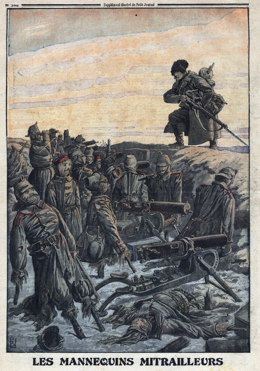 Erster Weltkrieg 1914-1918 (Krieg 14-18). Deutsche Soldaten benutzen Schaufensterpuppen, die sie in Schützengräben mit Maschinengewehren haben, um den russischen Feind zu täuschen. In „Le Petite Journal“, am 06.02.1916. Private Sammlung von Anonymous Anonymous