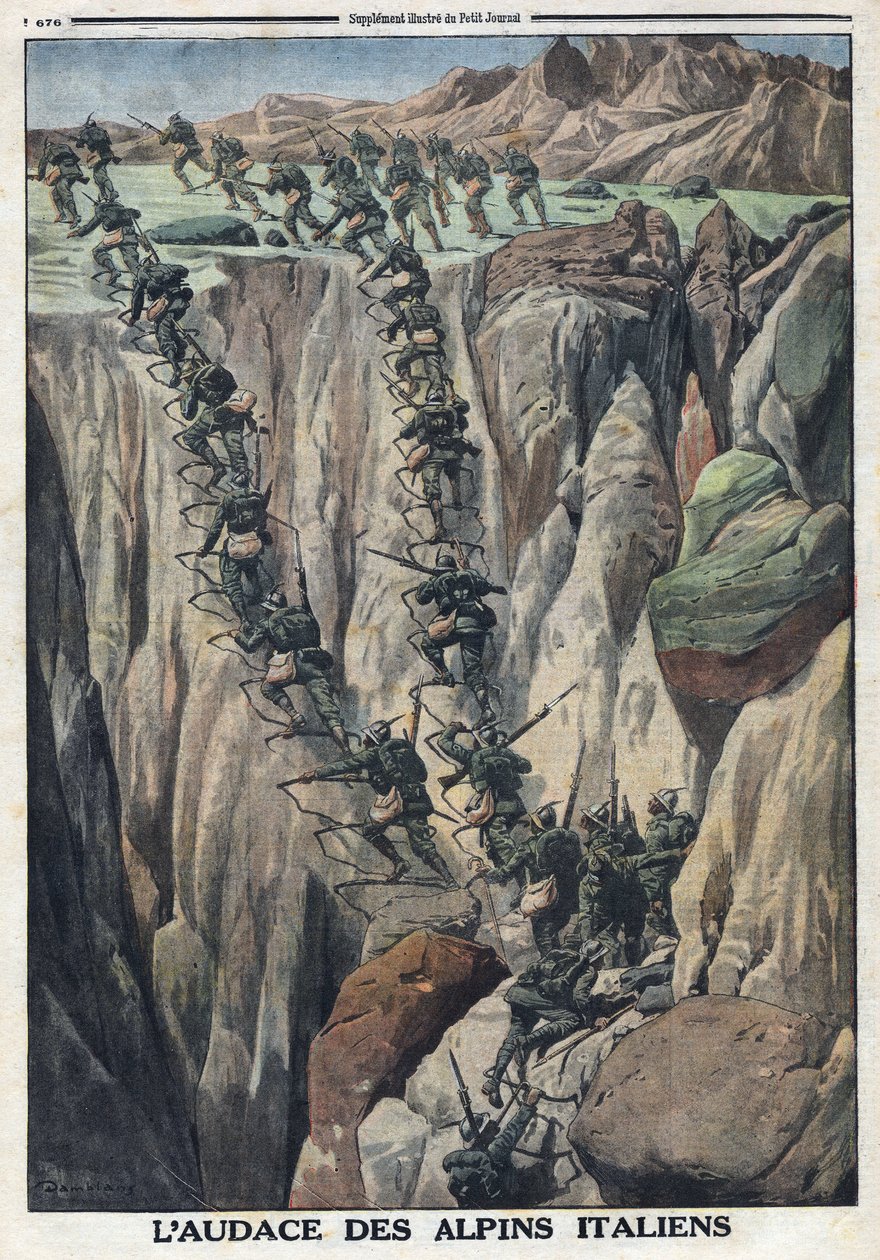 Erster Weltkrieg 1914-1918. Italienische Soldaten erklimmen den Gipfel des Cauriol in den Fiemme Alpen in Italien. In „Le Petite Journal“, am 8. Oktober von Anonymous Anonymous