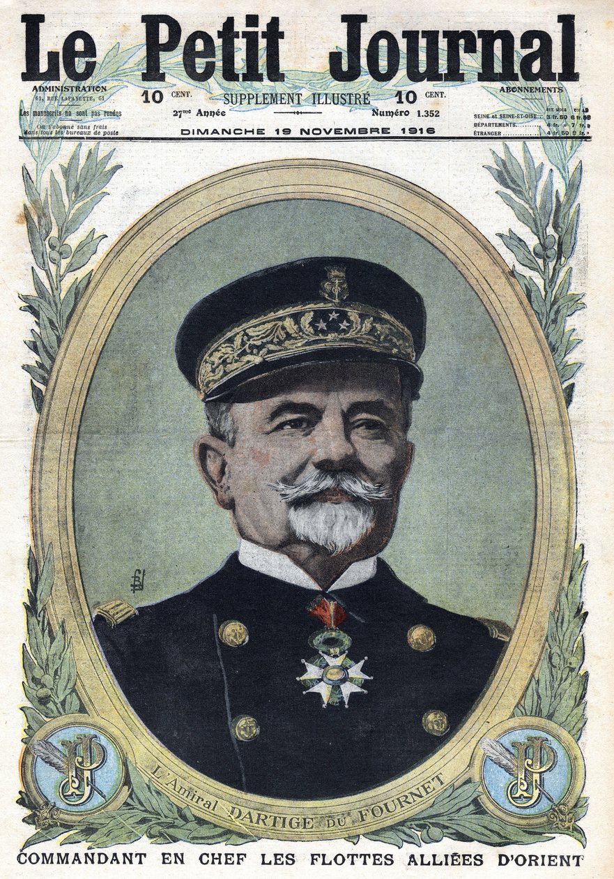 Erster Weltkrieg 1914-1918. Porträt von Admiral Dartige du Fournet, Oberbefehlshaber der alliierten Flotten des Orients. In „Le Petite Journal“, am 19.11.1916. Private Sammlung von Anonymous Anonymous