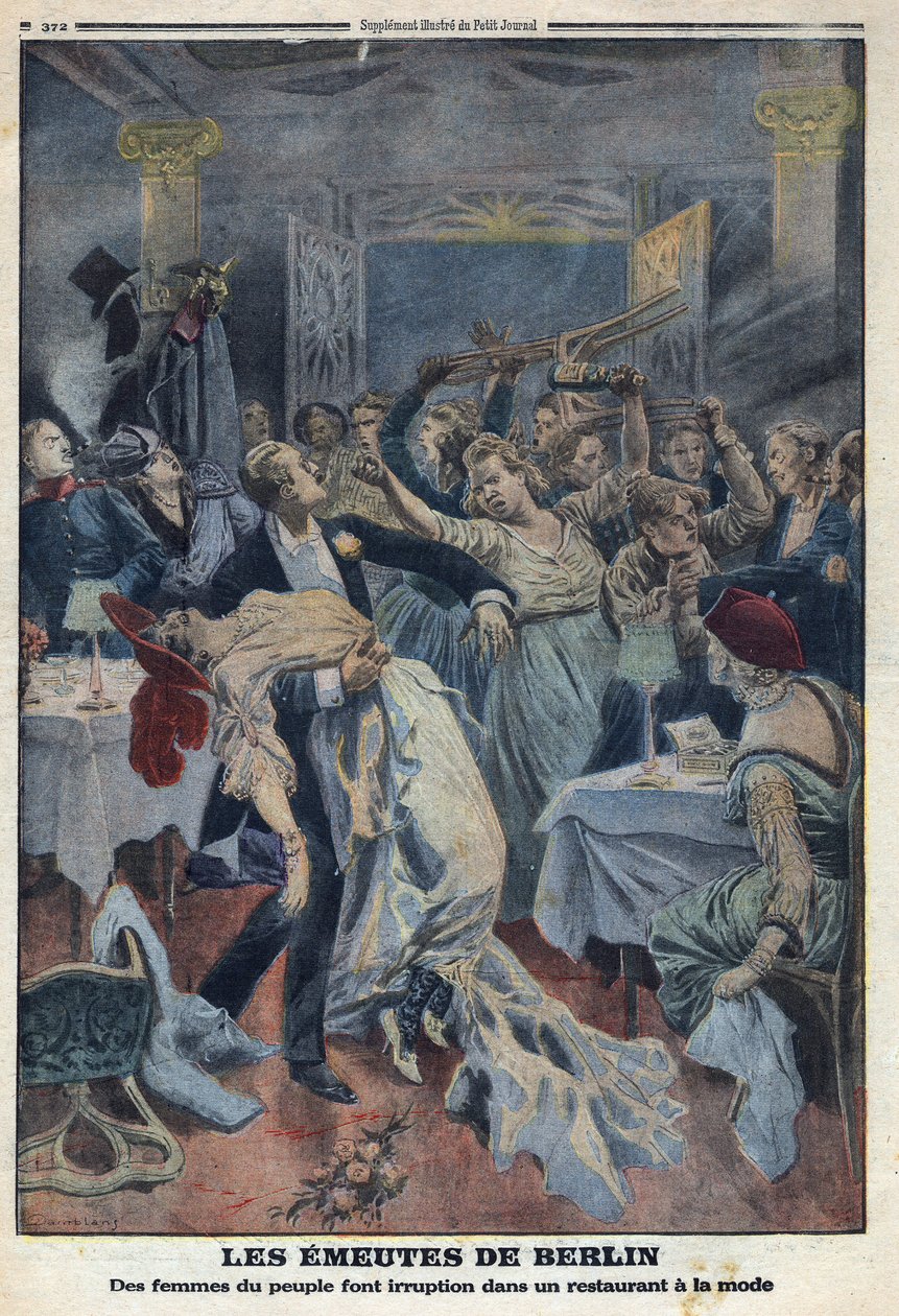 Erster Weltkrieg 1914-1918. Die Frauen des Volkes stürmen ein modisches Restaurant und fordern die Rückkehr ihrer Ehemänner. In „Le Petite Journal“, am 16.01.1916. Private Sammlung von Anonymous Anonymous