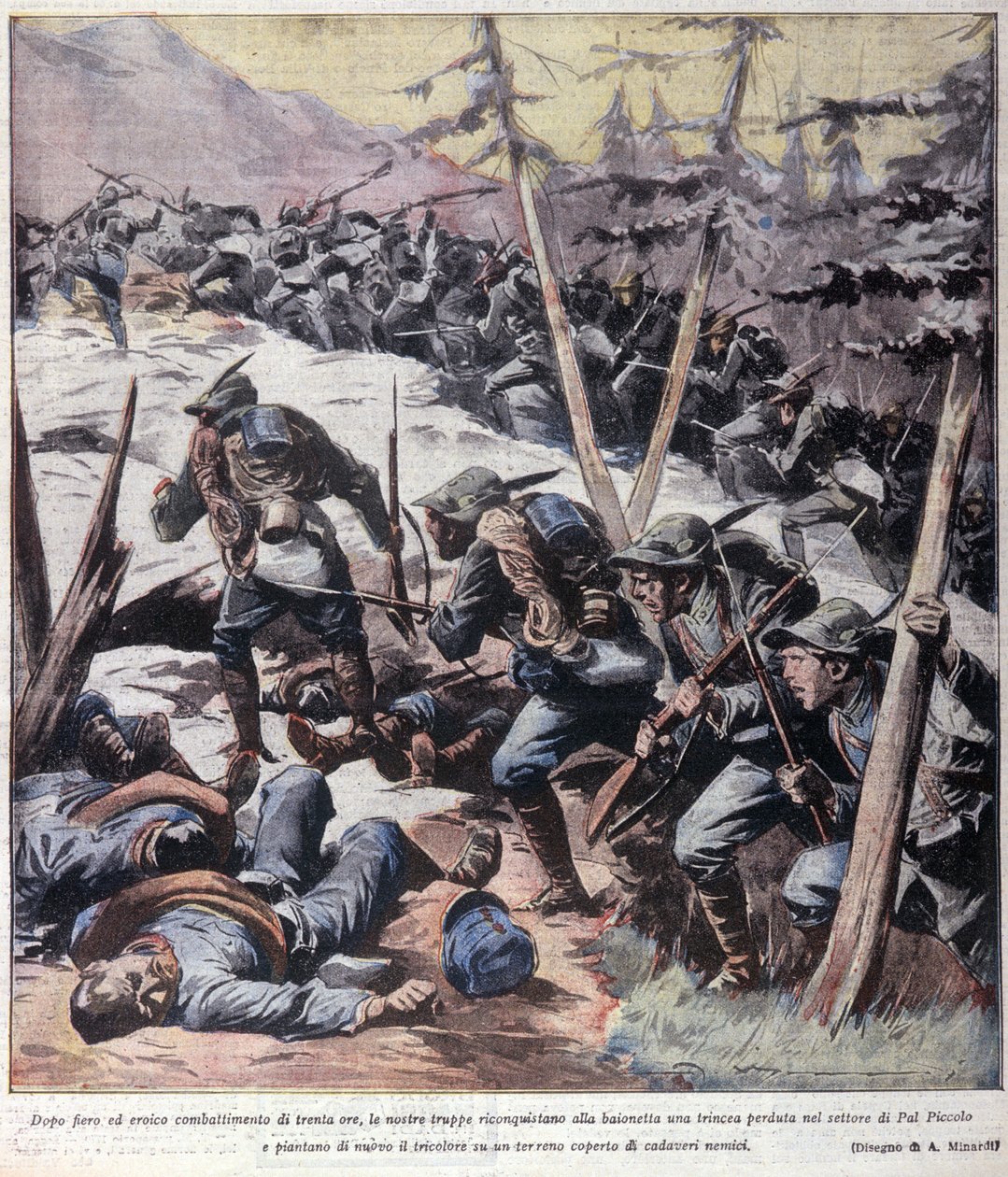 Erster Weltkrieg: Italienische Alpenjäger erobern den Pal Piccolo in den italienischen Alpen zurück, 1916. Illustration aus 