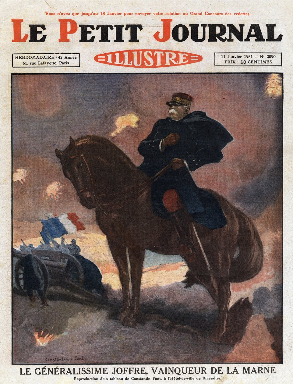 Erster Weltkrieg: Porträt von General Joseph Joffre (1852-1931) zu Pferd, dargestellt als Sieger auf dem Schlachtfeld von La Marne (September 1914). Illustration nach einem Gemälde von Constantine Font. Gravur aus "Le petit journal illustré" von 1931. von Anonymous Anonymous