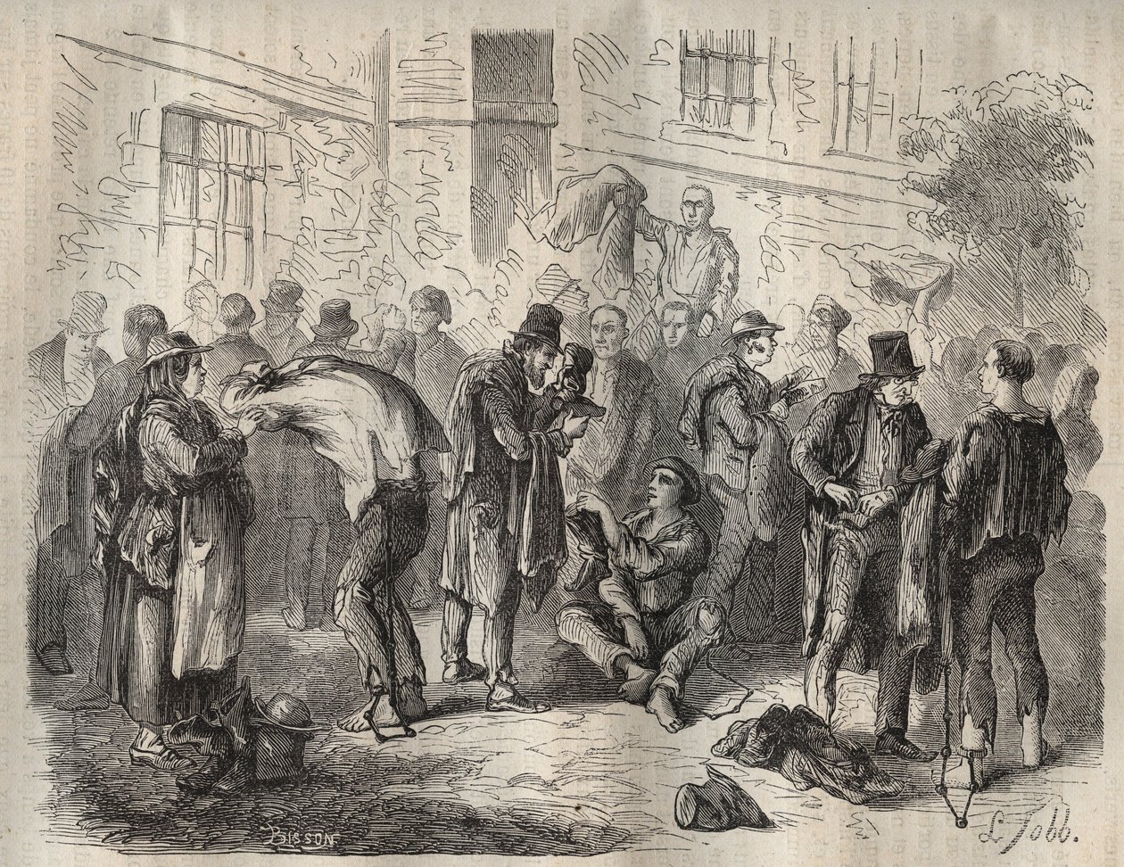 Sträflinge verkaufen ihre Habseligkeiten vor dem Eintritt ins Toulon Bagne im 19. Jahrhundert. Gravur in „Histoire des bagnes depuis leur création à nos jours“ (1877) von Pierre Zaccone. Private Sammlung. von Anonymous Anonymous