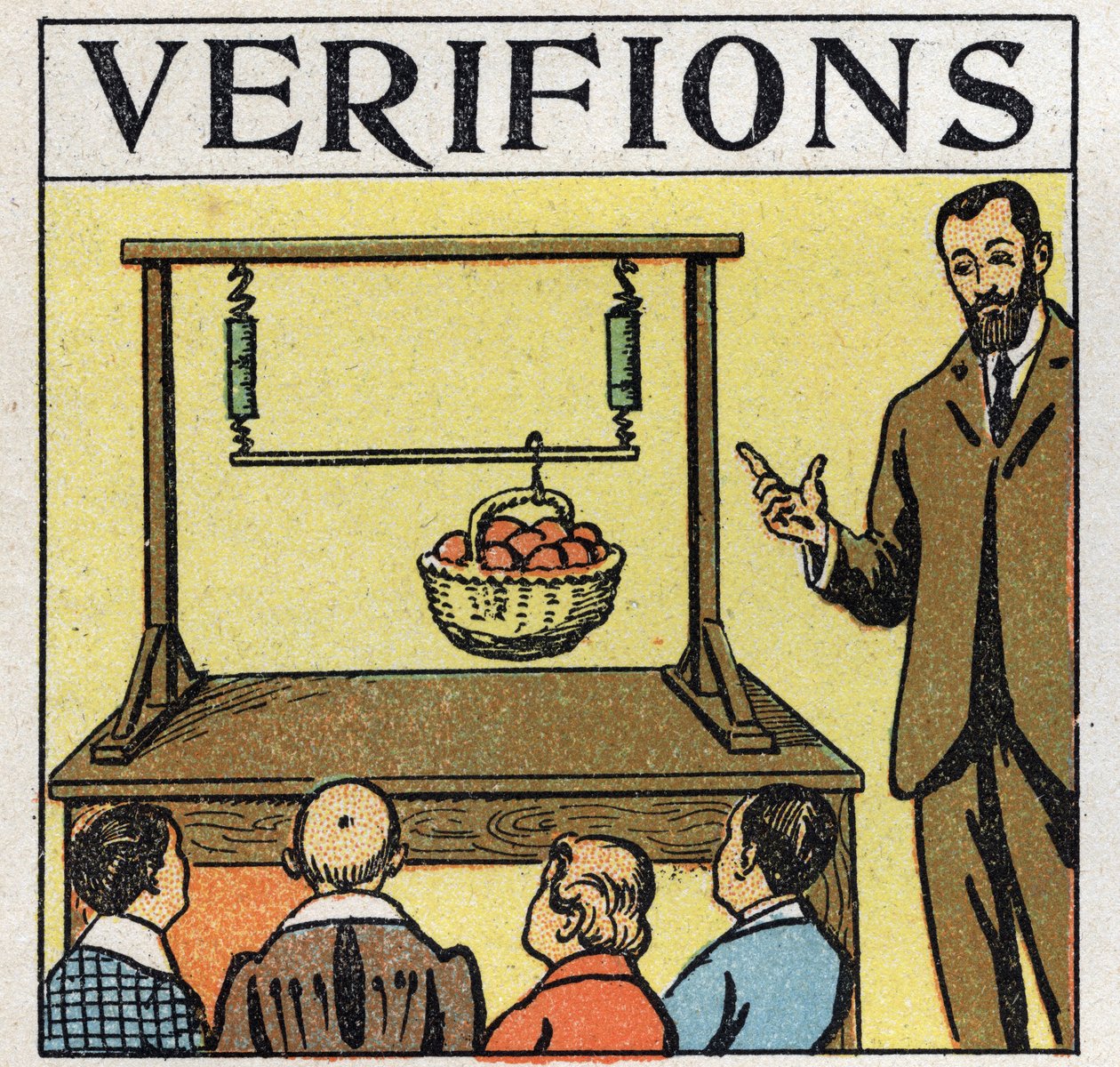 Kräfte: parallele Kräfte. Korb mit Äpfeln wird mit einer Stange gehoben, die von zwei Federn gehalten wird. Anonyme Illustration von 1925. Private Sammlung. von Anonymous Anonymous