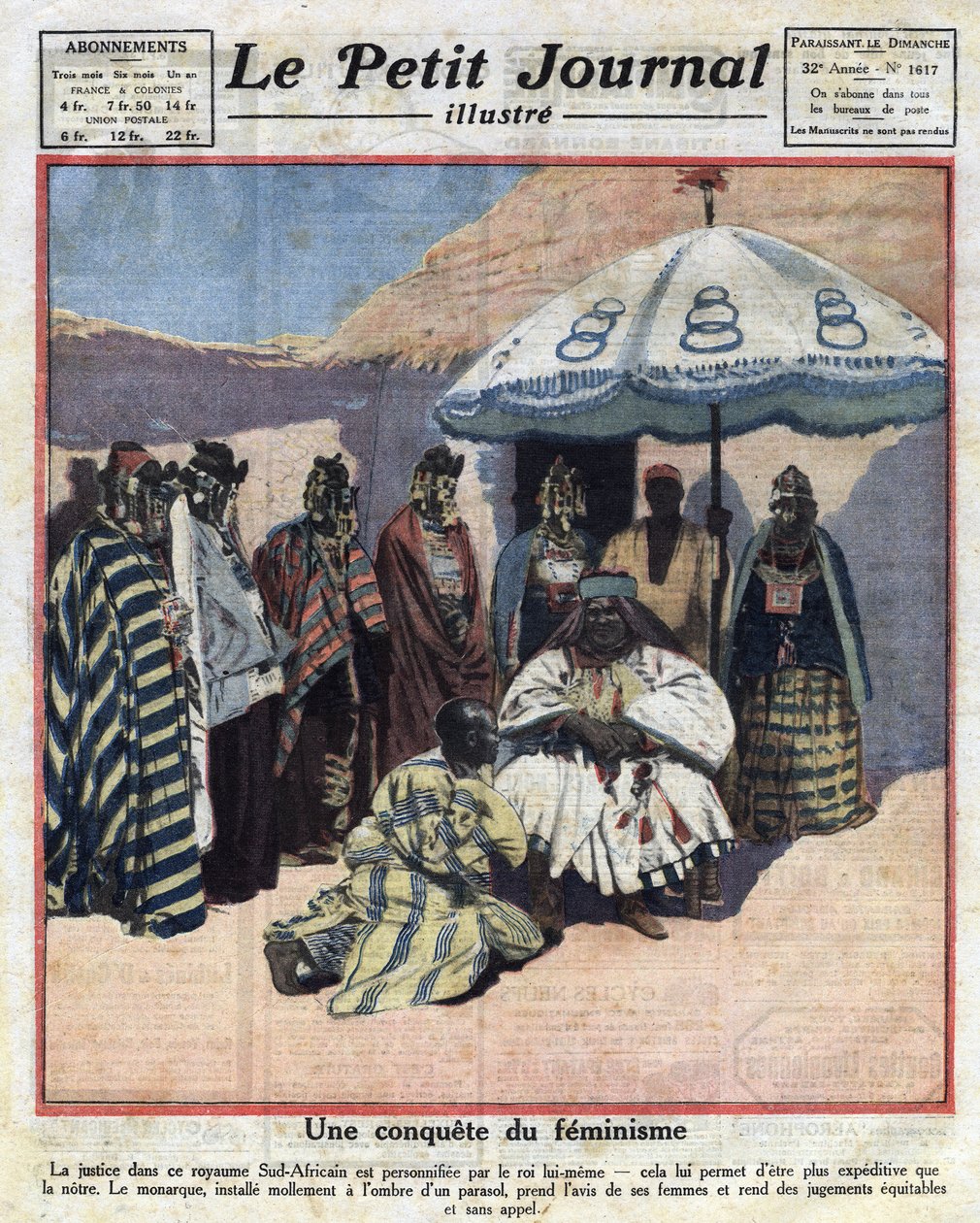 Rechtsdurchsetzung und Feminismus in schwarzen afrikanischen Ländern: Ein südafrikanischer König berät sich mit seinen Frauen, bevor er ein Urteil fällt. Illustration aus „Le petit journal“ vom 18.12.1921. Private Sammlung von Anonymous Anonymous