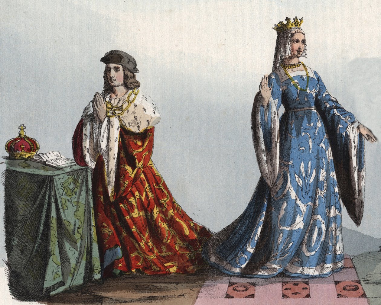 König Heinrich VI. von England und seine Königin Gemahlin Margarete von Anjou - Heinrich VI. von England (1421 - 1471) und Margarita von Anjou (1429 - 1482) - Gravur aus „Usi e Costumi di Tutti i Popoli dell