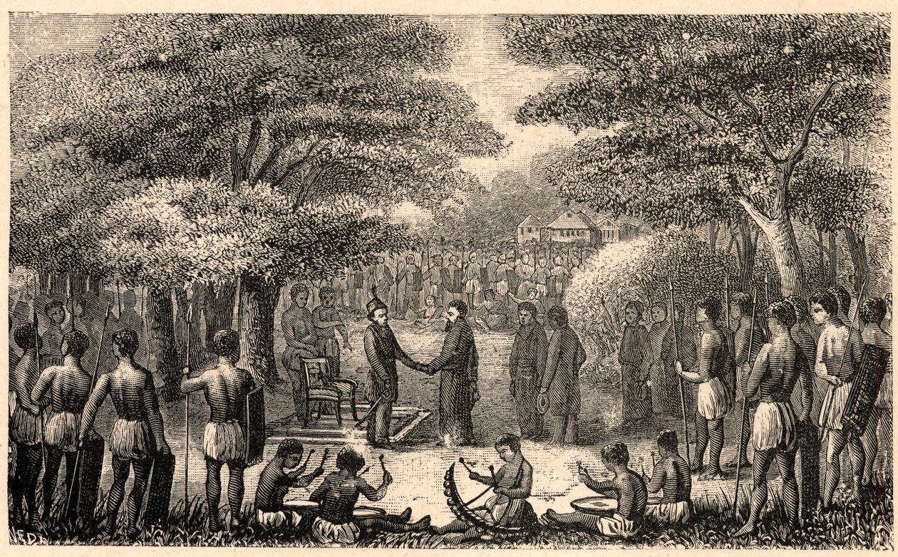König Lebuschi begrüßt Henri Depelchin (1822-1900), Jesuitenmissionar und erster Superior der Oberen Zambeze-Mission in Afrika. Gravur in „Les Missions Catholiques au XIXème Siècle“ von Louis-Eugène Louvet. Private Sammlung. von Anonymous Anonymous