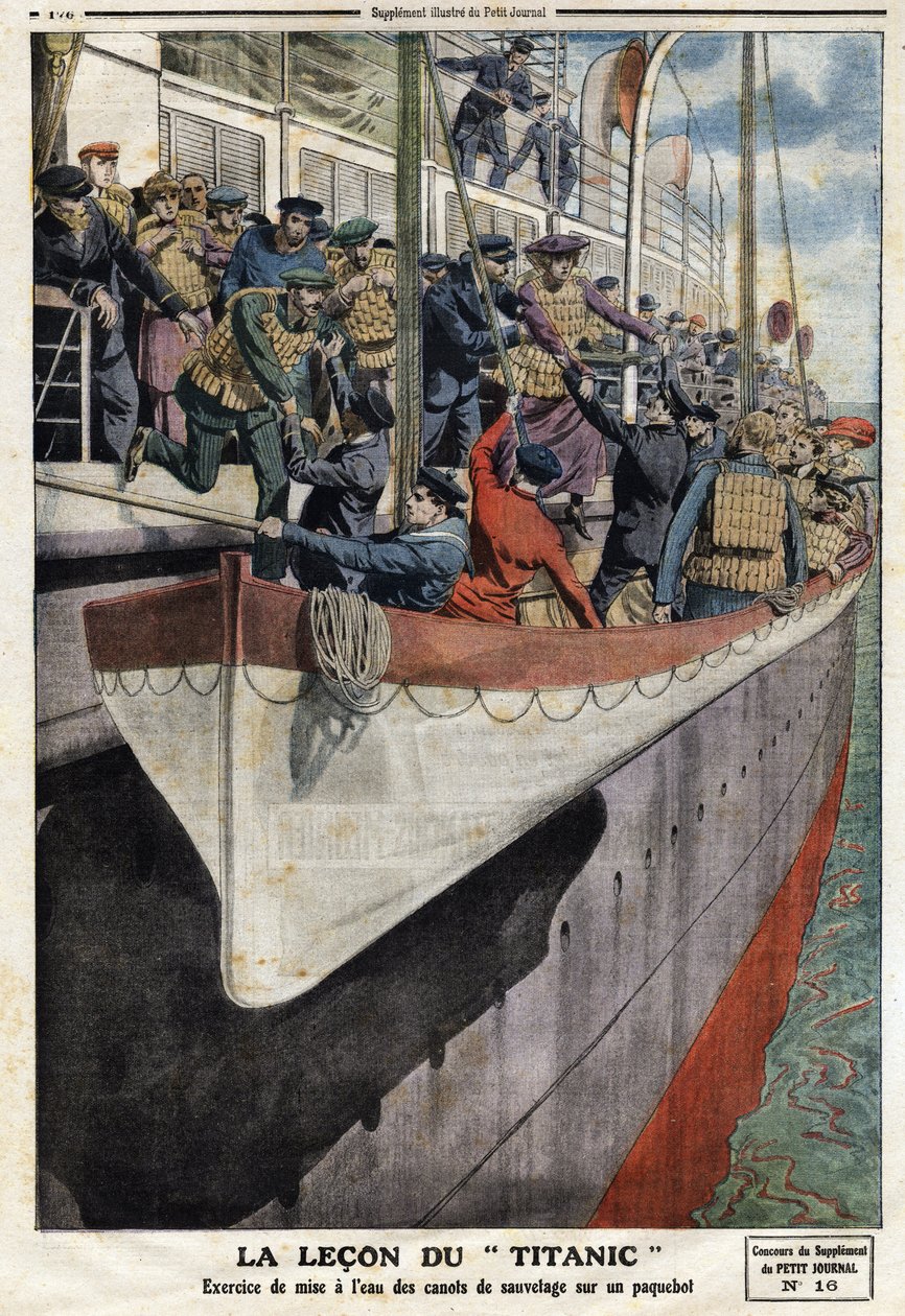 Rettungsbootübung an Bord eines Liners nach dem Untergang der RMS Titanic am 15. April 1912. Illustration aus der französischen Zeitung Le petit Journal, 2. Juni von Anonymous Anonymous