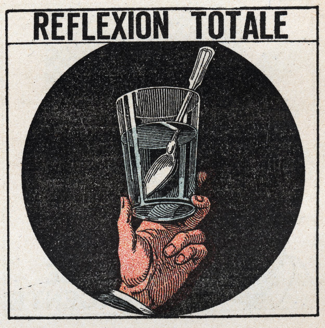 Lichtbrechung: totale Reflexion, beobachtet mit einem Silberlöffel in einem Glas Wasser. Betrachtet man es von unterhalb der Wasseroberfläche, sieht man das Bild des Löffels wie in einem Spiegel. Anonyme Illustration von 1925. Private Sammlung. von Anonymous Anonymous