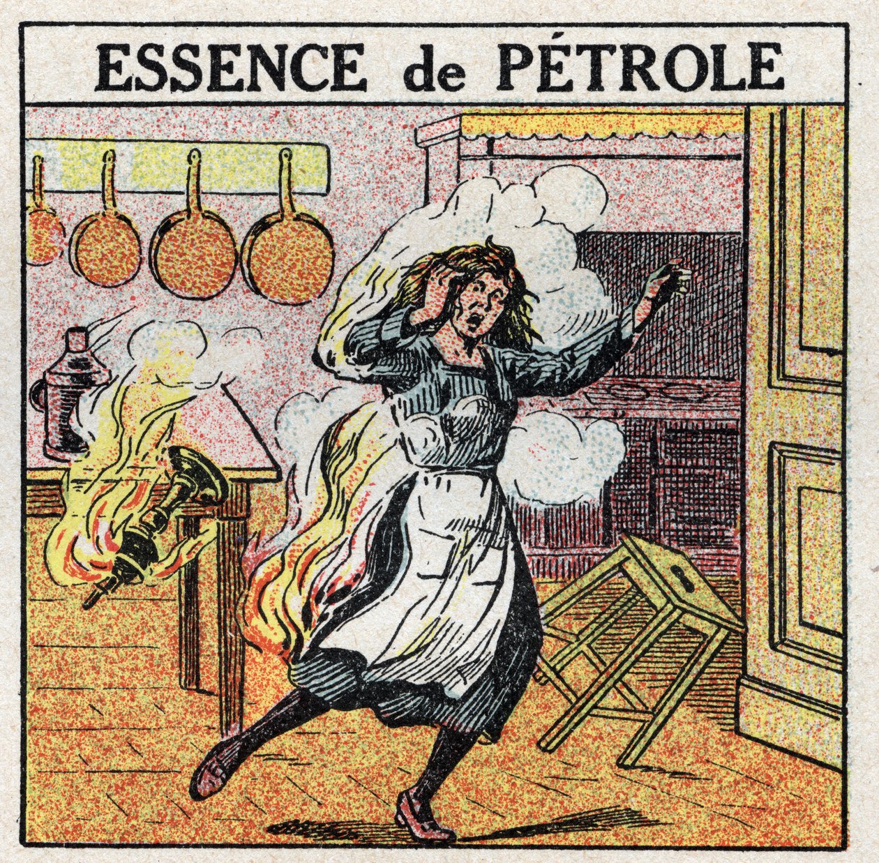 Lichtquellen: Eine Frau fängt Feuer beim Umgang mit einer Öllampe. Anonyme Illustration von 1925. Private Sammlung. von Anonymous Anonymous