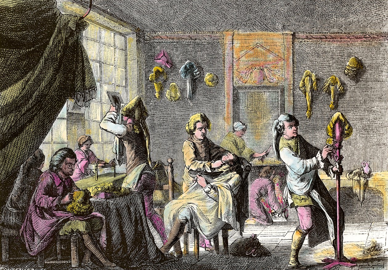 Mode von Louis XV: Ansicht des Inneren eines Perückenfriseurs. Gravur um 1755. Private Sammlung von Anonymous Anonymous