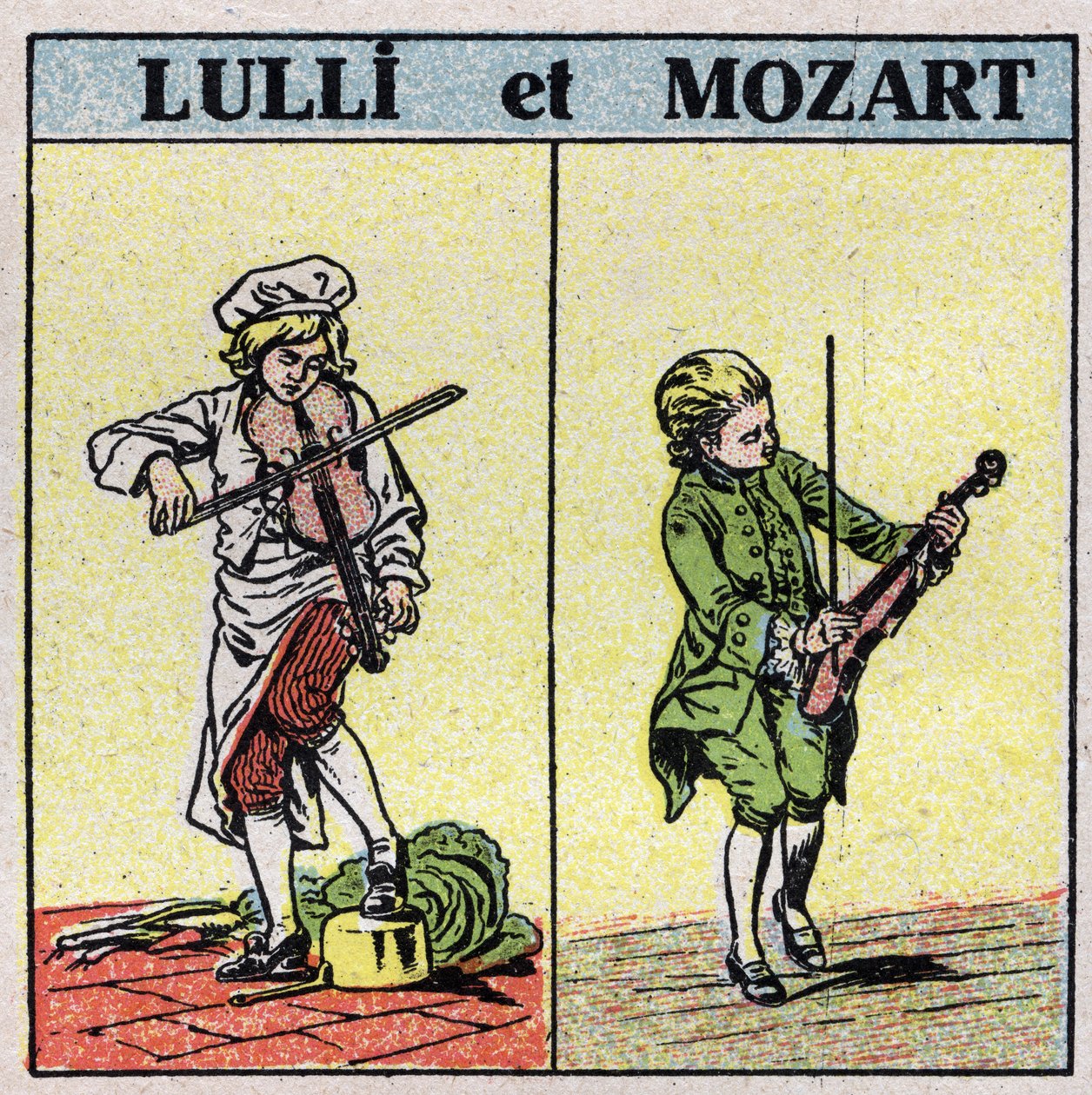 Musikinstrumente: gestrichene Saiteninstrumente. Jean Baptiste Lully (Giovanni Battista Lulli) (1632-1687) und Wolfgang Amadeus Mozart (1756-1791) spielen die Geige. Anonyme Illustration von 1925. Private Sammlung. von Anonymous Anonymous