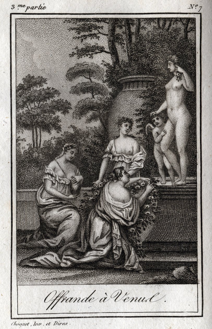 Opfergabe an Venus. Kleine Liebesgötter (Engel) versammeln sich, um der Göttin Aphrodite zu huldigen. Gravur von 1819 in „Lettres à Emilie sur la mythologie“ von Charles Albert Demoustier (1760-1801). Private Sammlung. von Anonymous Anonymous