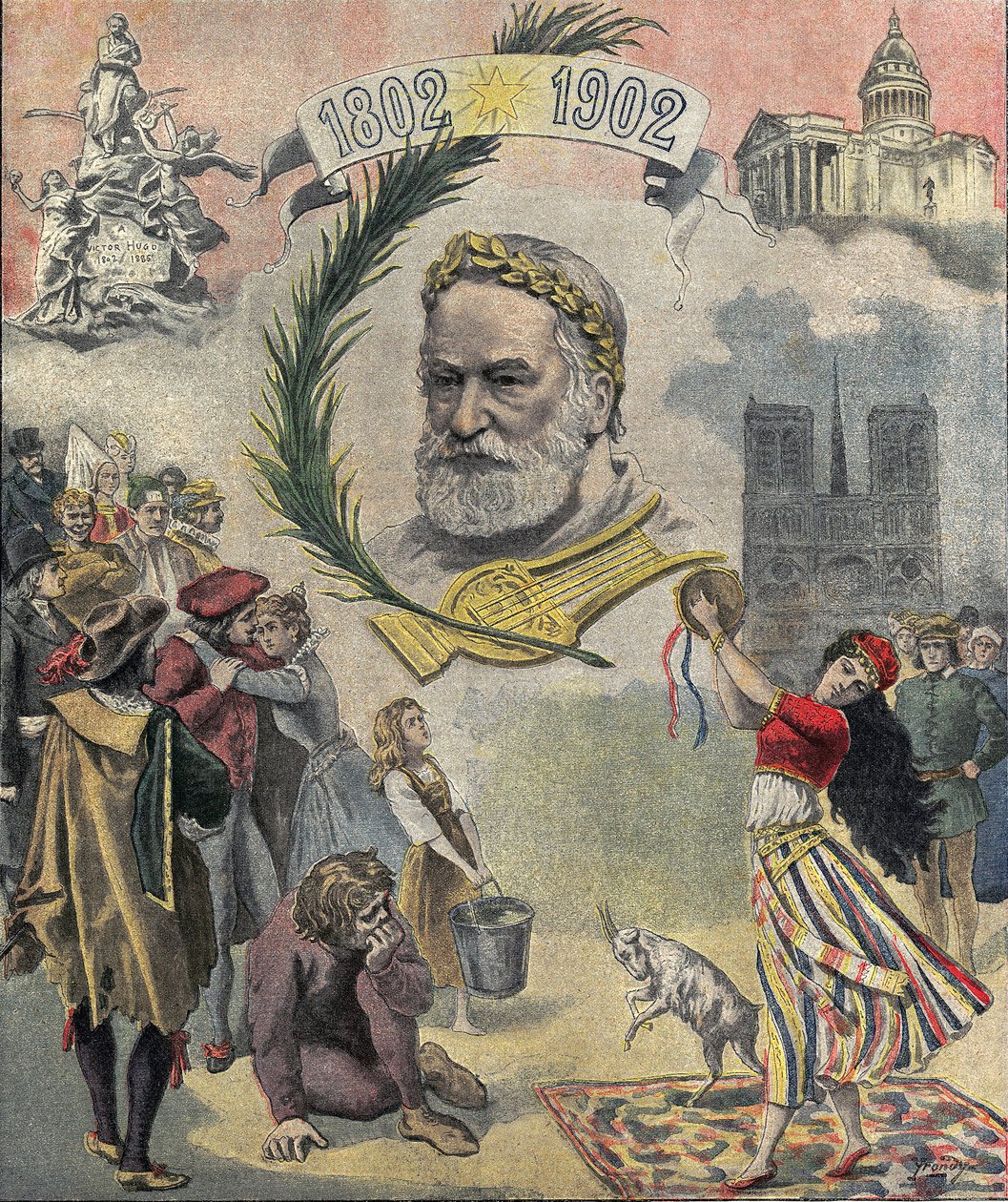 Eine Ausgabe von „Le petit journal“ zu Ehren des französischen Dichters und Schriftstellers Victor Hugo (1802-1885) zum hundertsten Geburtstag. Die Charaktere seiner Romane sind dargestellt (Esmeralda, Quasimodo, Cosette). 02/03/1902 Private Sammlung von Anonymous Anonymous