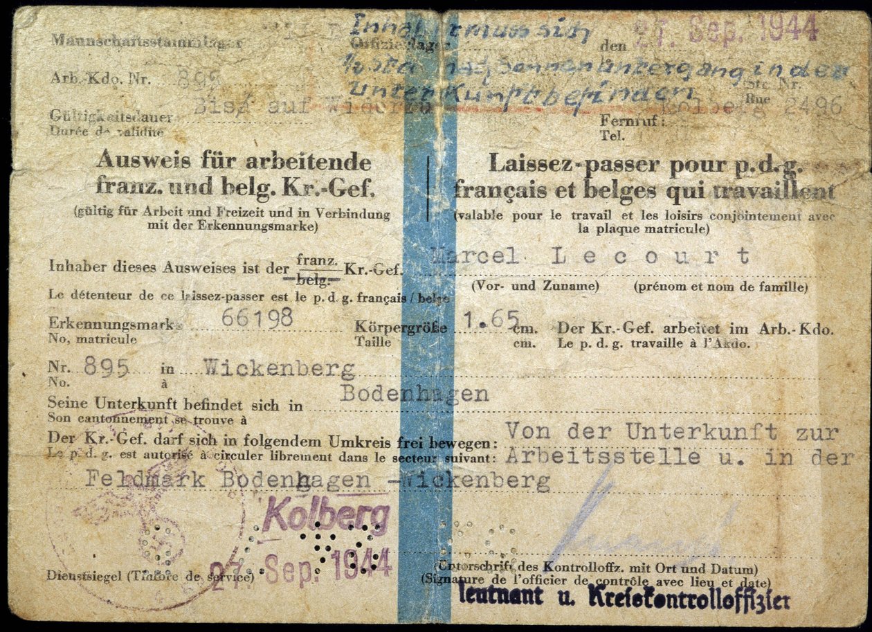 Pass der Zweiten Weltkrieg, „Pass“ für französische und belgische Geschäftsführer, die arbeiten, 25.09.1944. von Anonymous Anonymous