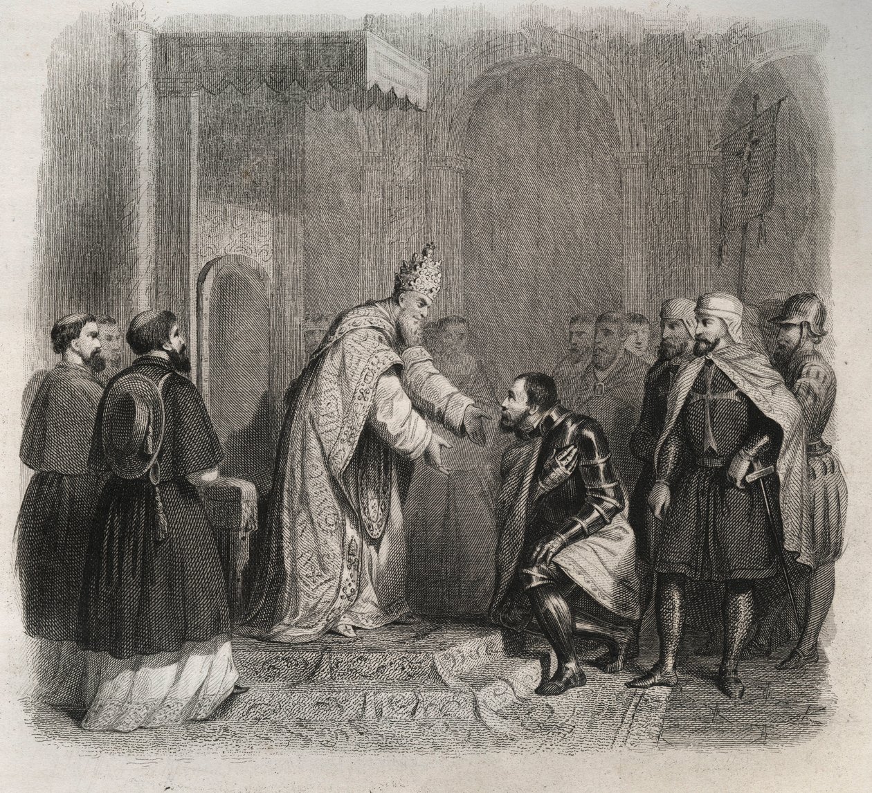 Papst St. Pius V. (1566-1572) empfängt den Sieger der Schlacht von Lepanto. Gravur von 1846 in Lives of the Saints. Private Sammlung von Anonymous Anonymous