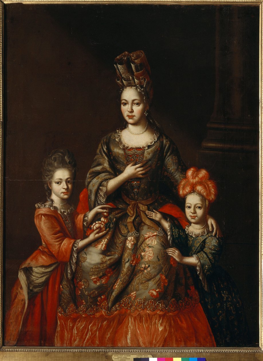 Porträt von Anastasia Naryschkina, Ehefrau des Gouverneurs von Sankt Petersburg, und ihre Töchter Alexandra und Tatjana - Anonyme Malerei, Anfang des 18. Jahrhunderts - Staatliche Tretjakow-Galerie, Moskau von Anonymous Anonymous