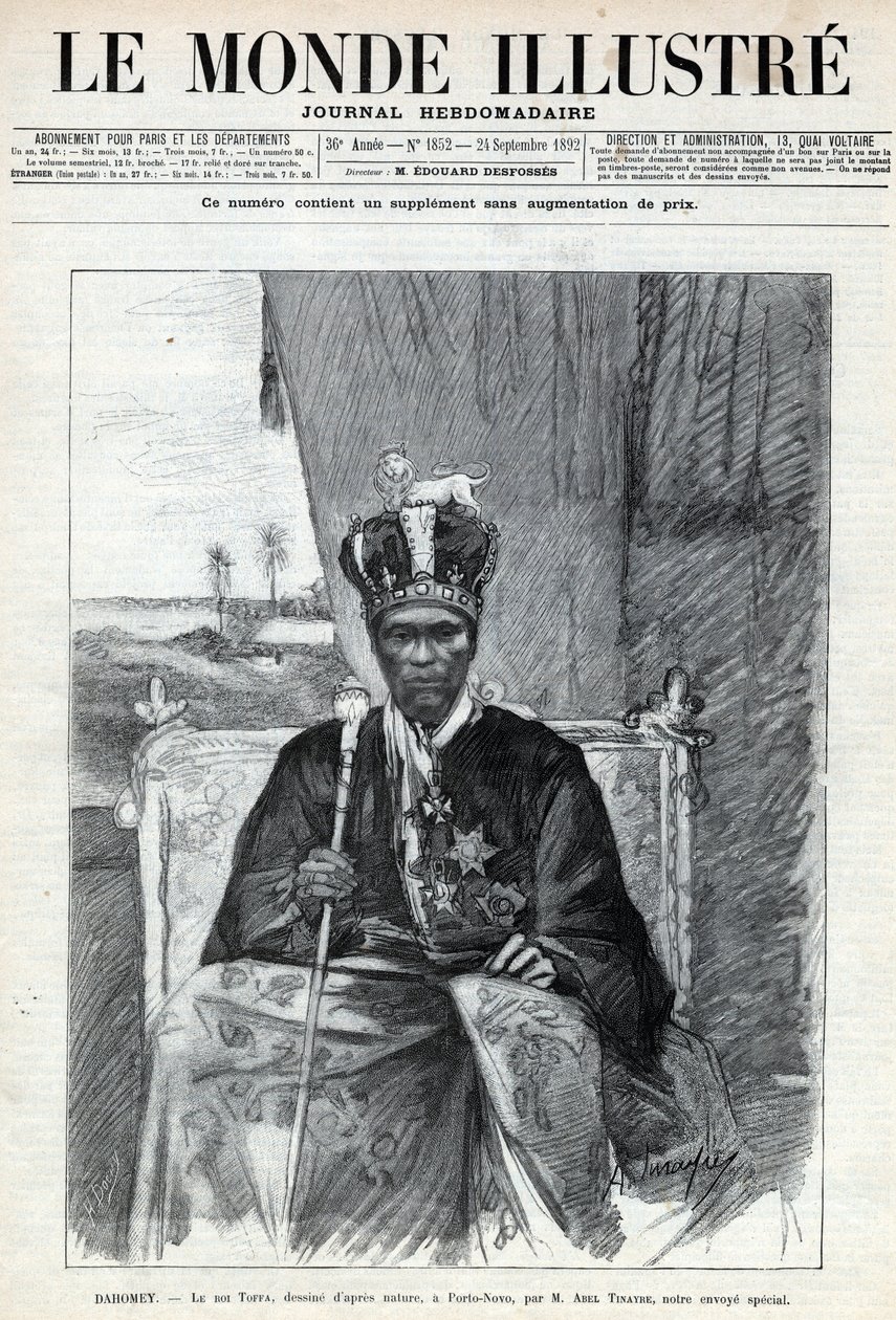 Porträt von Tofa I. (Toffa) (um 1850-1908), König von Dahomey (Benin) in Porto Novo. Eine Zeitung. Gravur in 