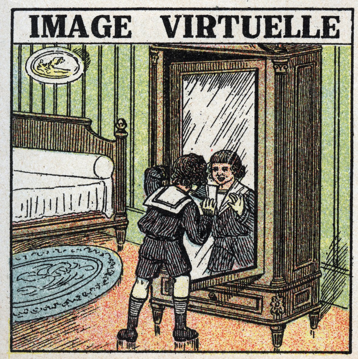 Lichtreflexion: virtuelles Bild. Ein Kind betrachtet sein Spiegelbild in einem Spiegel. Anonyme Illustration von 1925. Private Sammlung. von Anonymous Anonymous