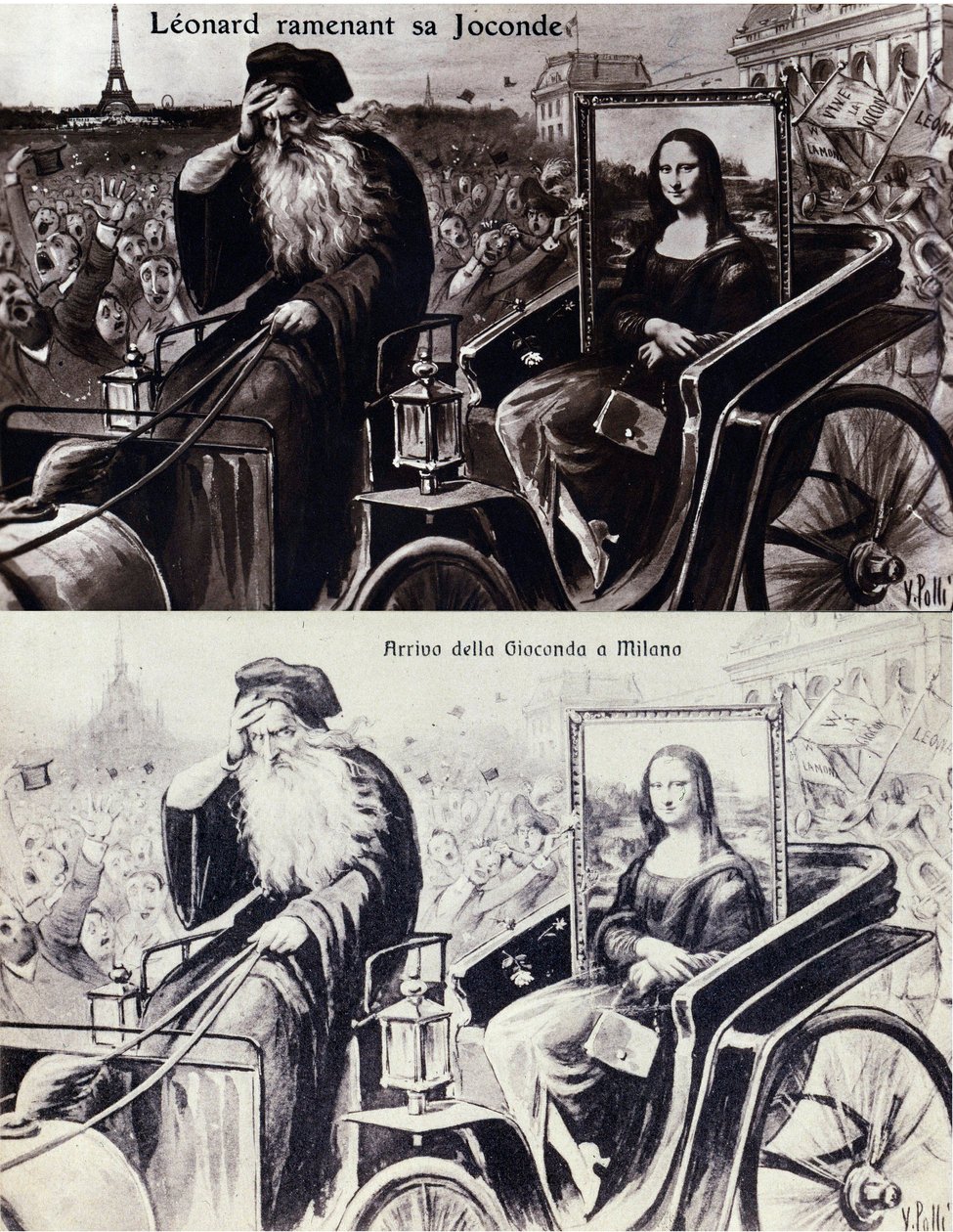 Darstellung von Leonardo da Vinci, der die Mona Lisa nach dem Diebstahl durch Vincenzo Peruggia zurückbringt. Postkarte von Anonymous Anonymous