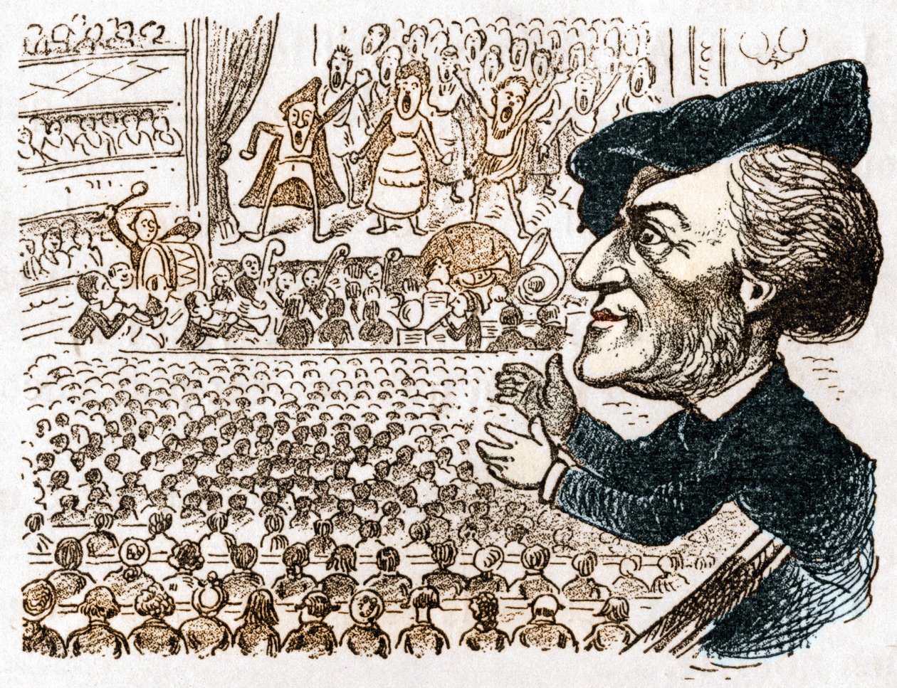 Richard Wagner beschäftigt Hunderte von Sängern, Musikern, Millionen von Menschen mieten Plätze und er ist der einzige, der applaudiert. Karikatur über den deutschen Komponisten Richard Wagner (1813 - 1883) aus Les moeurs et la caricature en allemand von J von Anonymous Anonymous