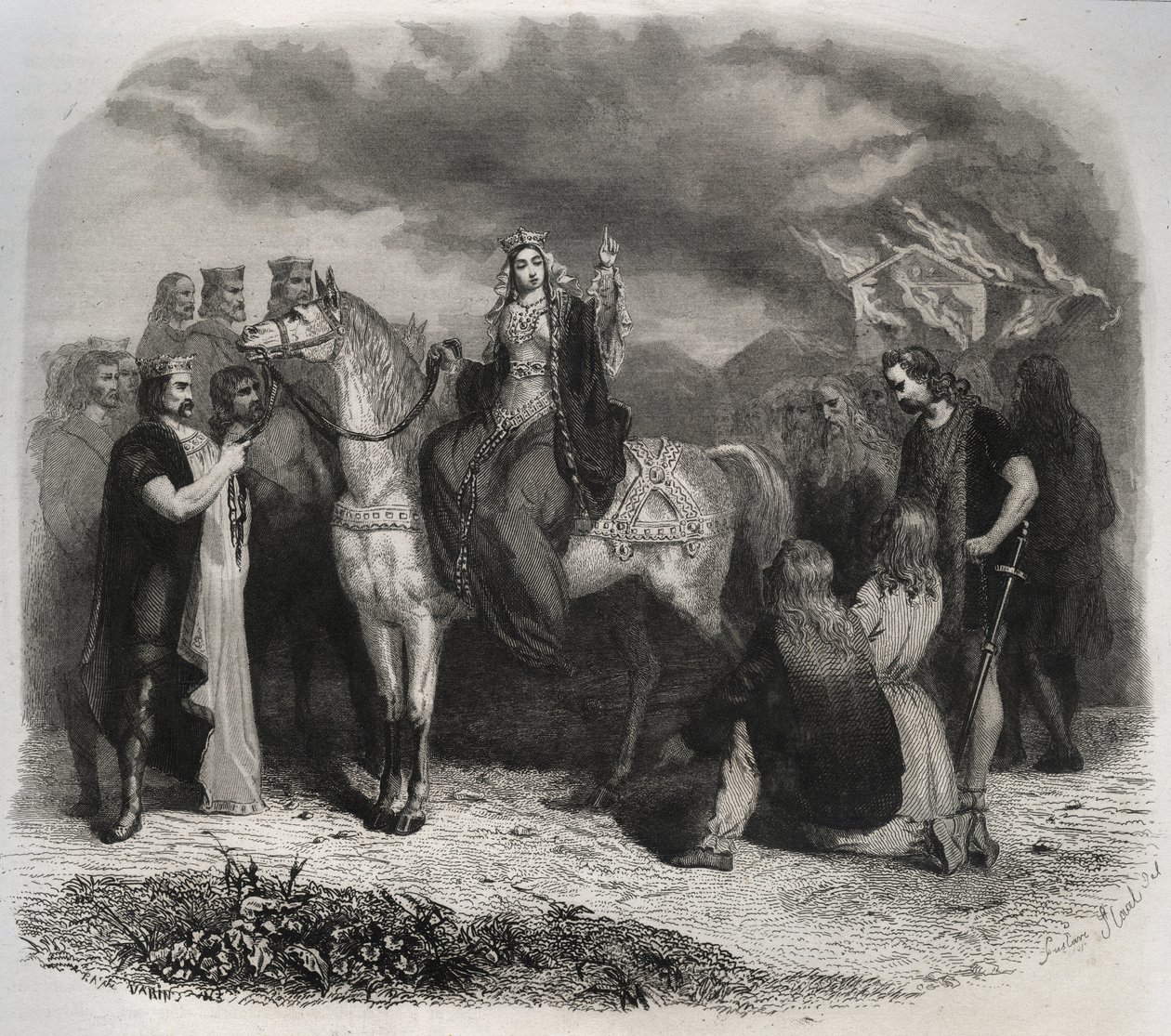 Heilige Radegunde (Radegunde von Poitiers, 519-587) verbrannte einen heidnischen Tempel und bekehrte die Gallier zum Christentum. Gravur von 1846 in Lives of the Saints. Private Sammlung von Anonymous Anonymous
