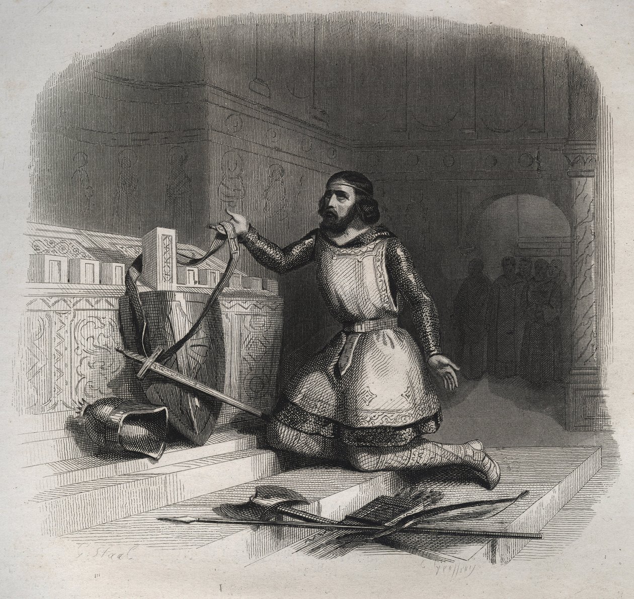 Heiliger Wilhelm von Aquitanien (Guilhem von Gellone) (ca. 750/755-812/815) legt seine Waffen auf das Grab des heiligen Julian des Märtyrers in Brioude. Gravur von 1846 in „Lives of the saints“. Private Sammlung. von Anonymous Anonymous