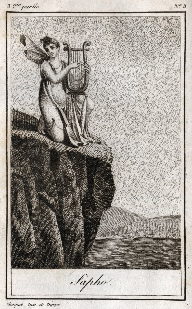 Sappho (7. Jahrhundert v. Chr.), griechische Dichterin der Antike. Gravur aus 1819 in „Lettres à Emilie sur la mythologie“ von Charles Albert Demoustier (1760-1801). Private Sammlung von Anonymous Anonymous
