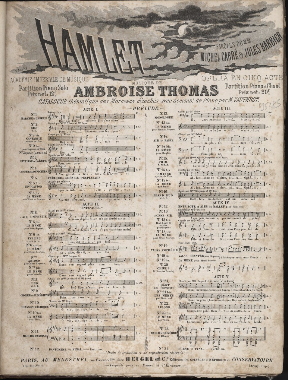 Partitur von „HAMLET“ Oper von Ambroise Thomas in fünf Akten auf ein Libretto von Jules Barbier & Michel Carré. Private Sammlung. von Anonymous Anonymous