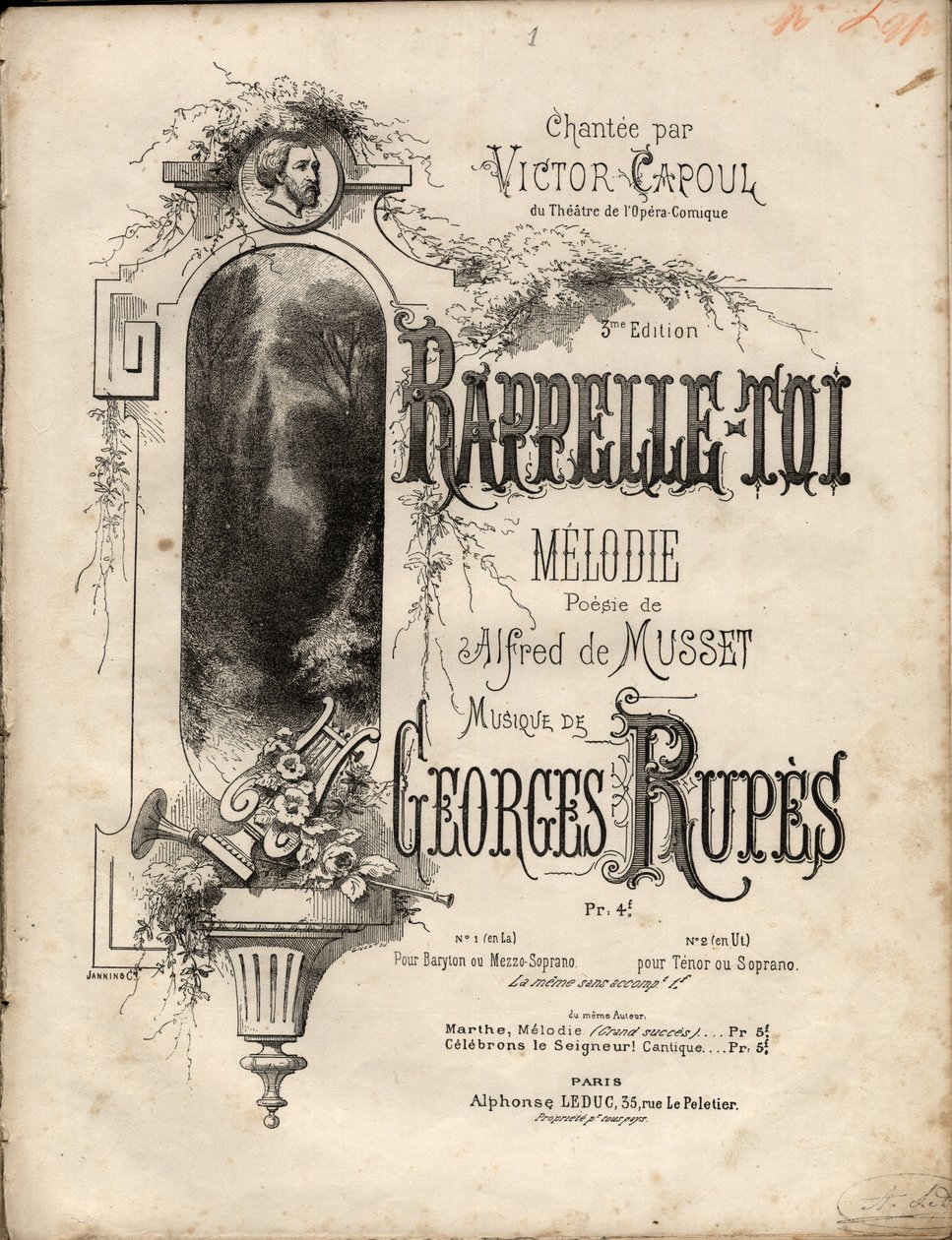 Partitur von „remember-se“ Melodie von Georges Rupes nach einem Gedicht von Aldre de Musset. von Anonymous Anonymous