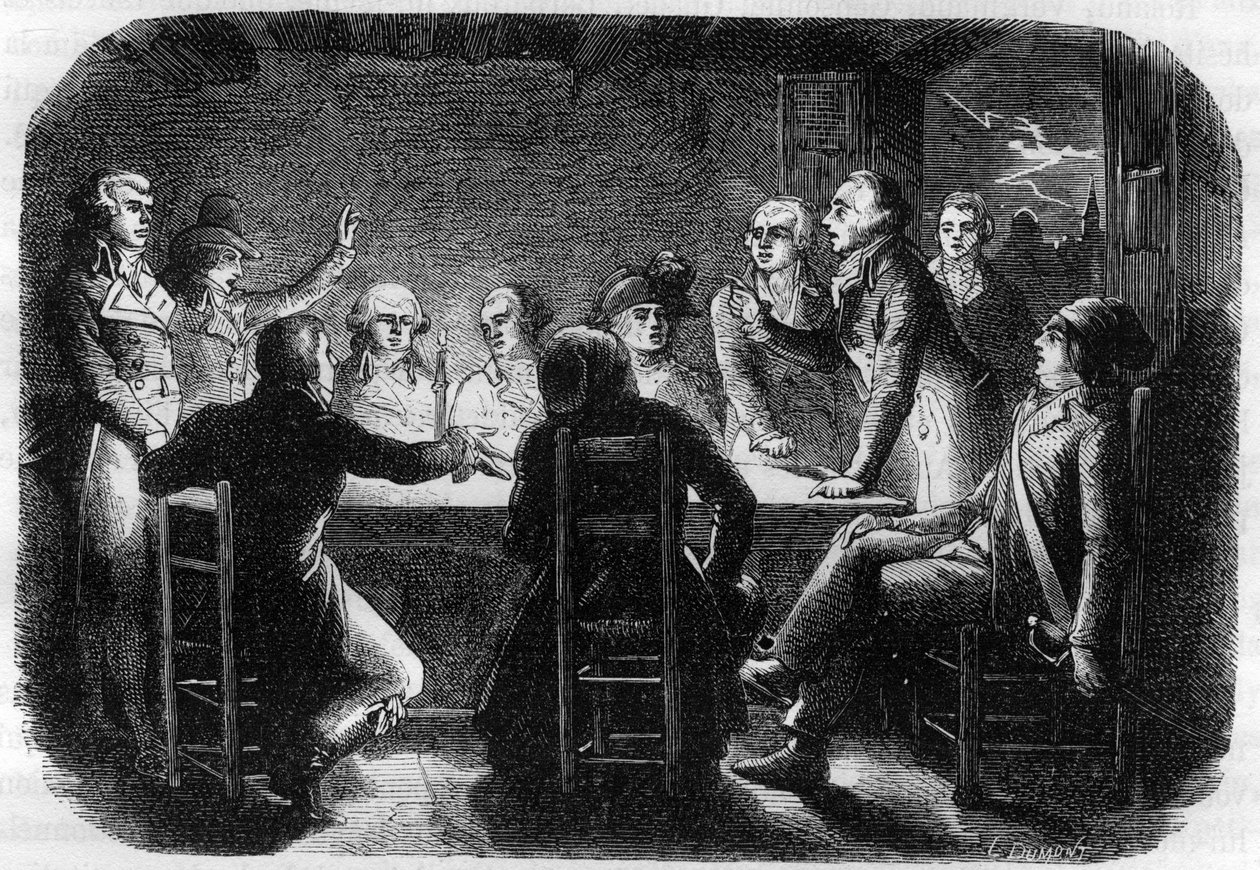 Geheimes Treffen in Charenton - Charentons Verschwörung im Mai 1793 - Die Girondisten beschuldigten Georges Jacques Danton, mit der Pariser Kommune zu konspirieren (anwesend bei dem Treffen waren Georges Danton, Maximilien von Robespierre, Claude Basire, F von Anonymous Anonymous