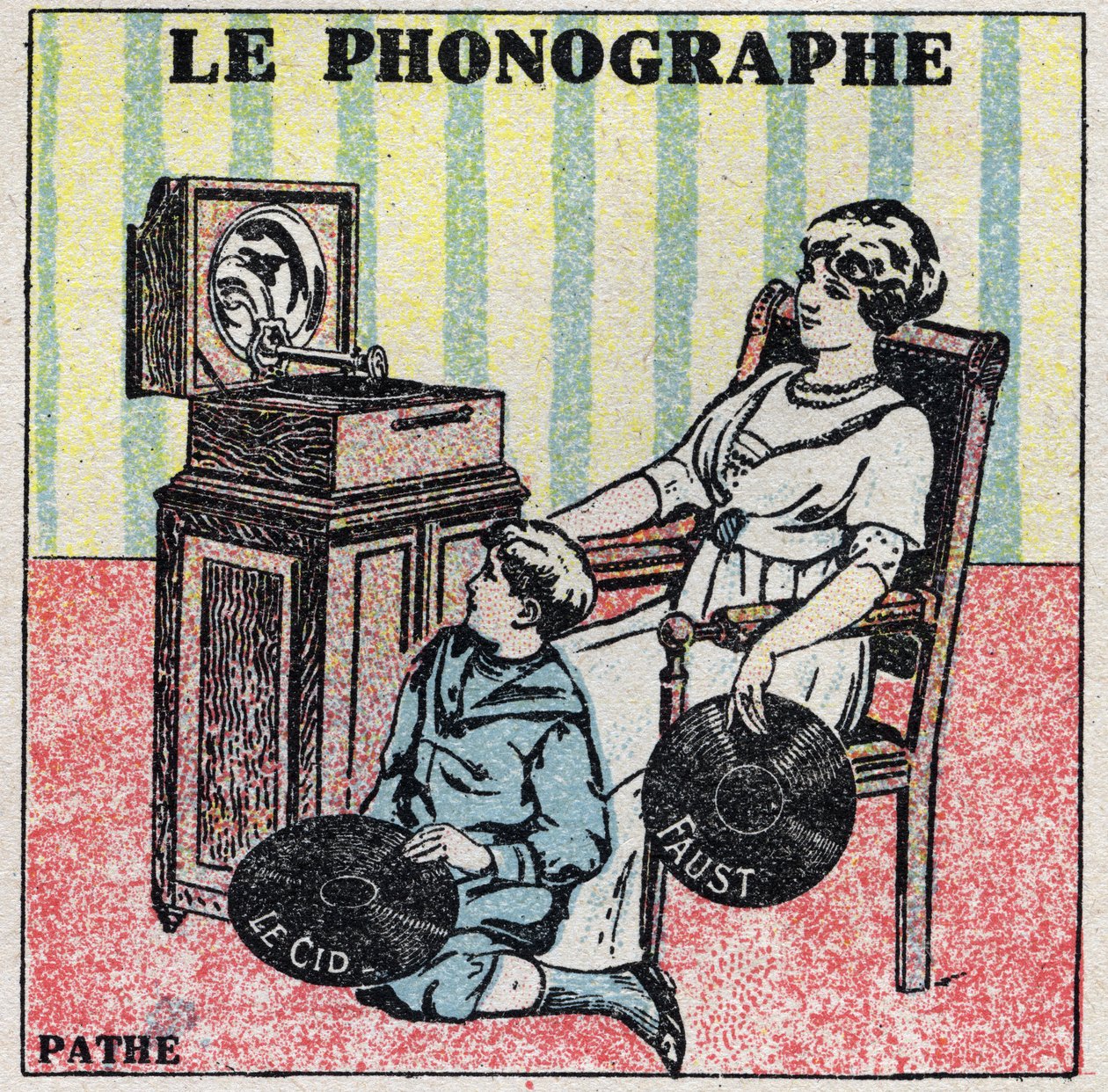 Schallenergie: der Phonograph. Eine Mutter und ihr Sohn hören eine Schallplatte auf einem Pathe-Phonographen. Anonyme Illustration von 1925. Private Sammlung. von Anonymous Anonymous