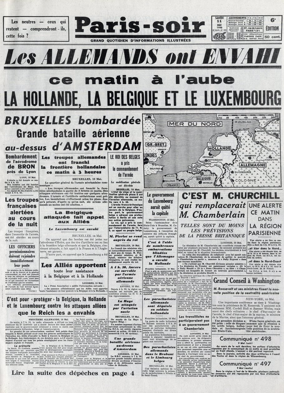 Die Schlacht von Belgien oder Belgienfeldzug - 18-Tage-Feldzug - Invasion Belgiens durch deutsche Truppen während des Zweiten Weltkriegs - PARIS EVIOR vom 11/05/1940 - DEUTSCHE INVASION IN HOLLAND - BELGIEN UND LUXEMBURG von Anonymous Anonymous