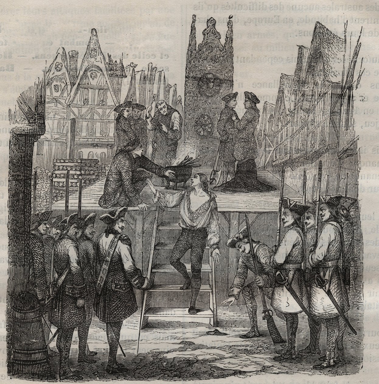 Der Chevalier Francois-Jean Lefebvre de La Barre auf dem Weg zum Schafott im Jahr 1766. Gravur in „Histoire des bagnes depuis leur création à nos jours“ (1877) von Pierre Zaccone (1817-1895). von Anonymous Anonymous
