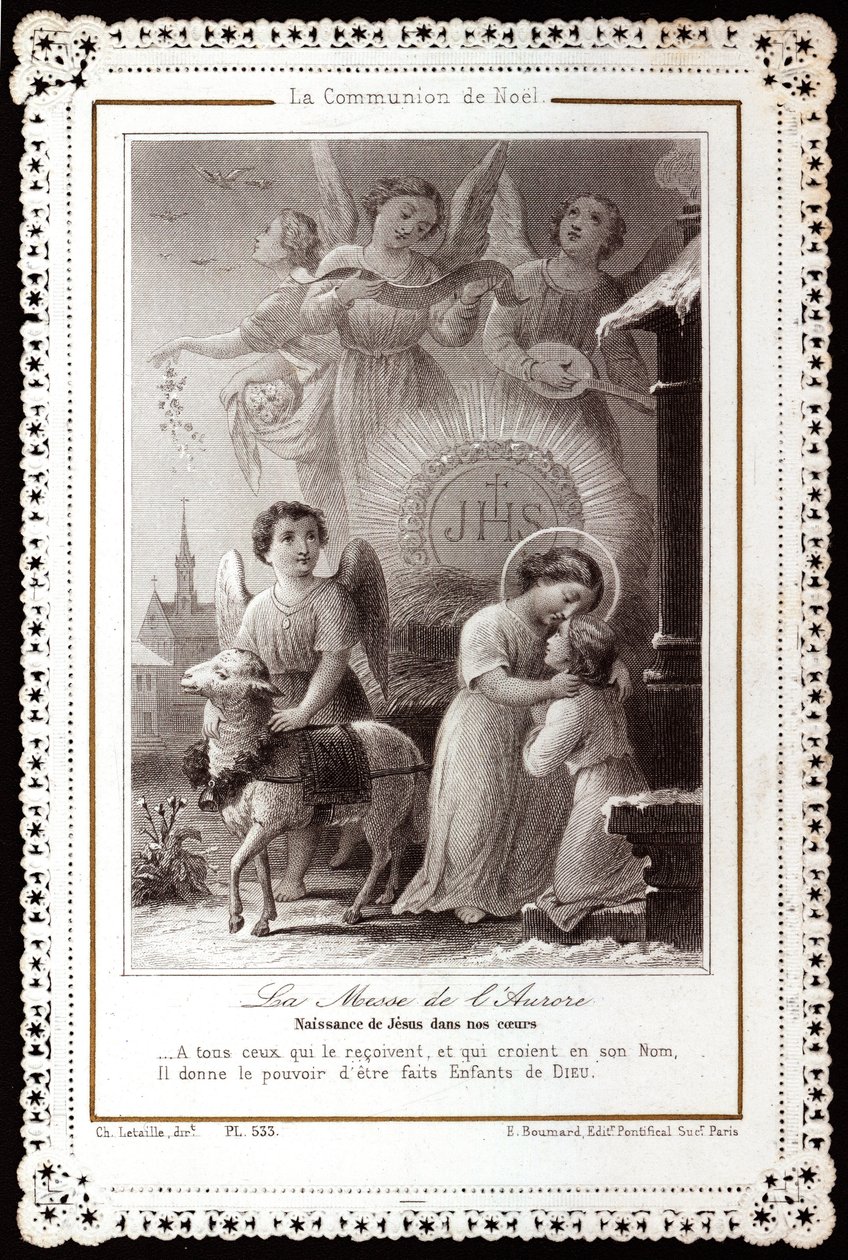 Die Weihnachtskommunion. Die Messe der Morgendämmerung. Geburt Jesu in unseren Herzen. Frommes Bild. Gezackte Postkarte. Privatsammlung von Anonymous Anonymous