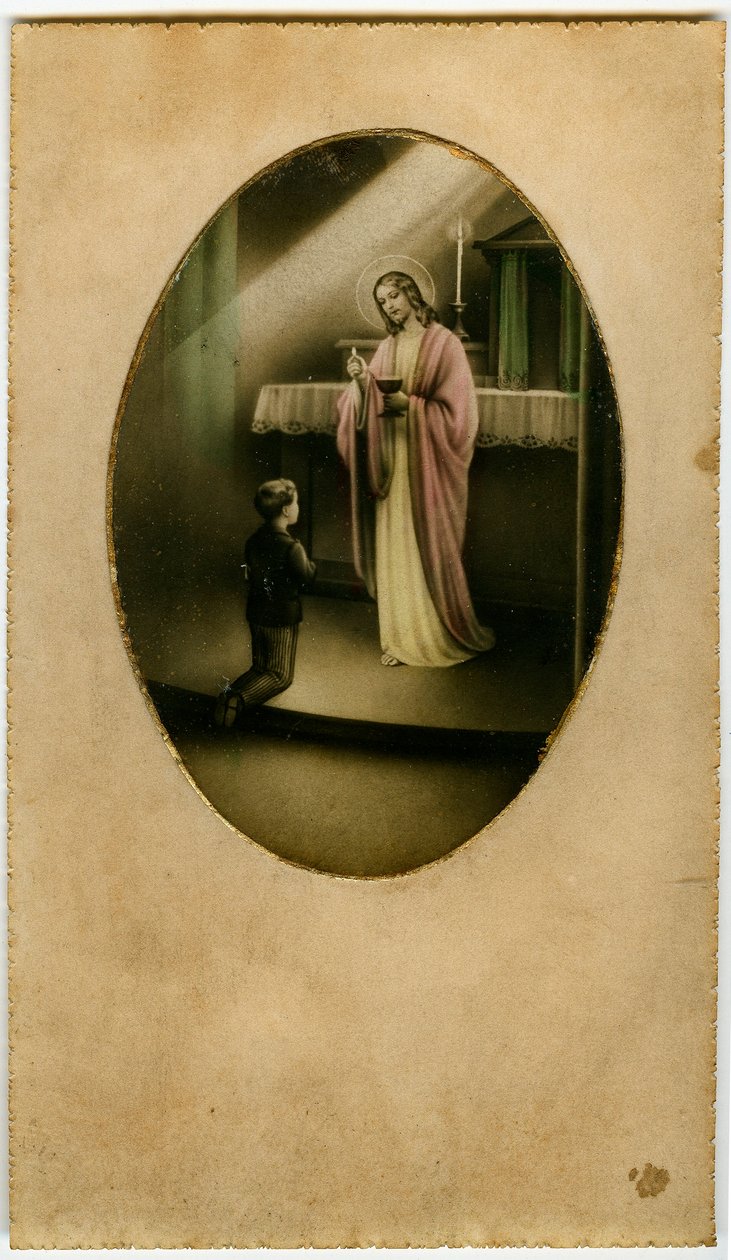 Die Eucharistie, Heilige Kommunion, das Sakrament des Altars: ein Kind vor Jesus (Gravur) von Anonymous Anonymous